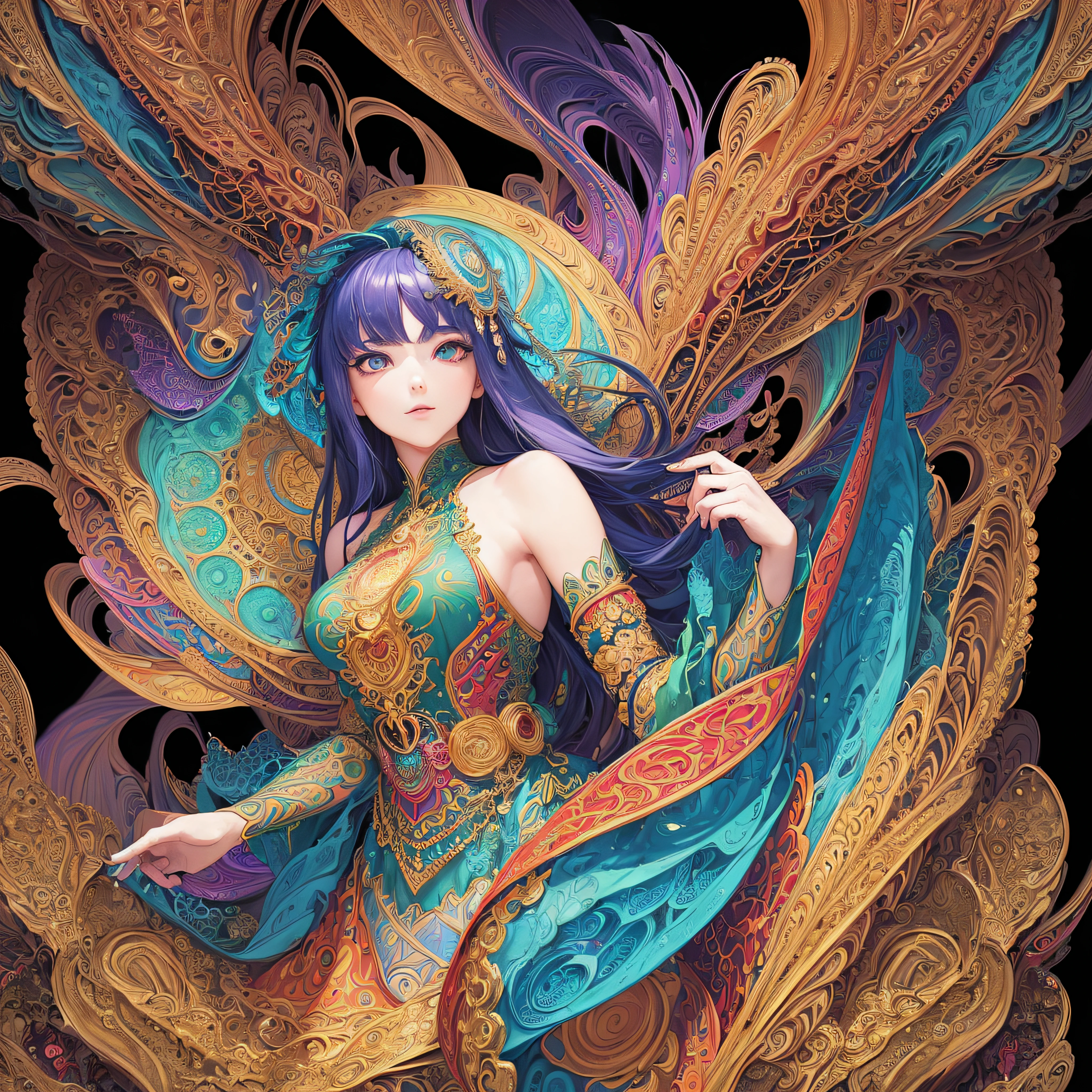 (masterpiece, top quality, best quality, official art, beautiful and aesthetic:1.2), (1girl:1.3), extremely detailed,(fractal art:1.2),colorful,highest detailed,(zentangle:1.2), (dynamic pose), (abstract background:1.5), (treditional dress:1.2), (shiny skin), (many colors:1.4), upper body --auto