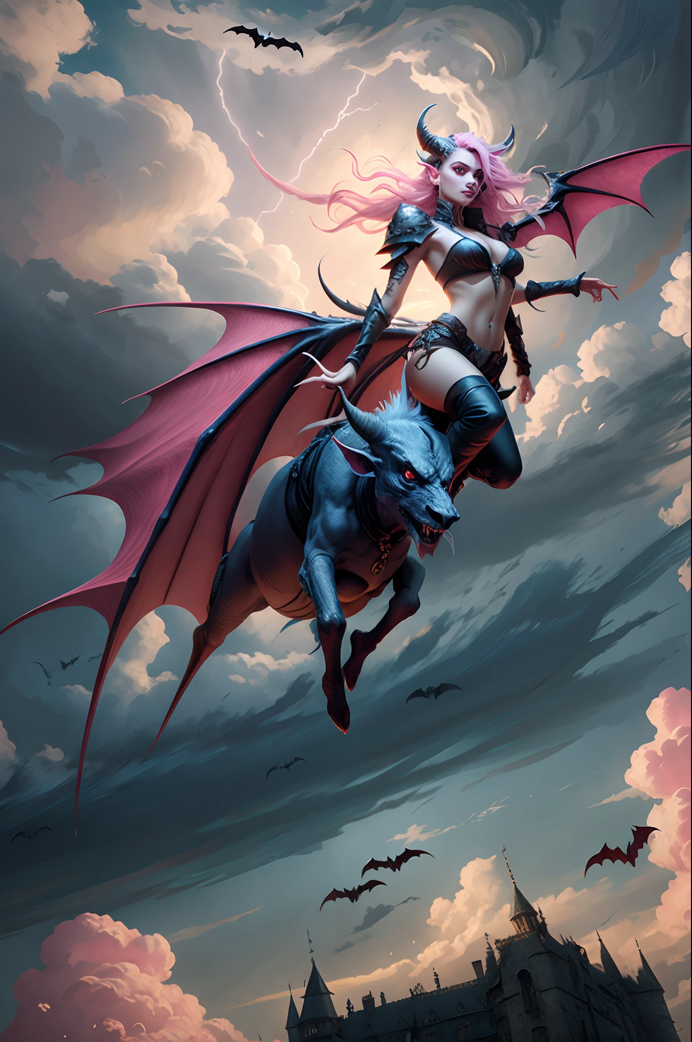 wispy art style, vampire, black and pink, skimpy  leather, succubus, black and pink long wavy ombré hair, African American woman, brown skinned woman, with succubus tail, flying through the air, pointed ears, two demon horns in forehead, with pink demon wings, full body, gothic castle in background, lightning in sky, dark clouds, bats flying in background