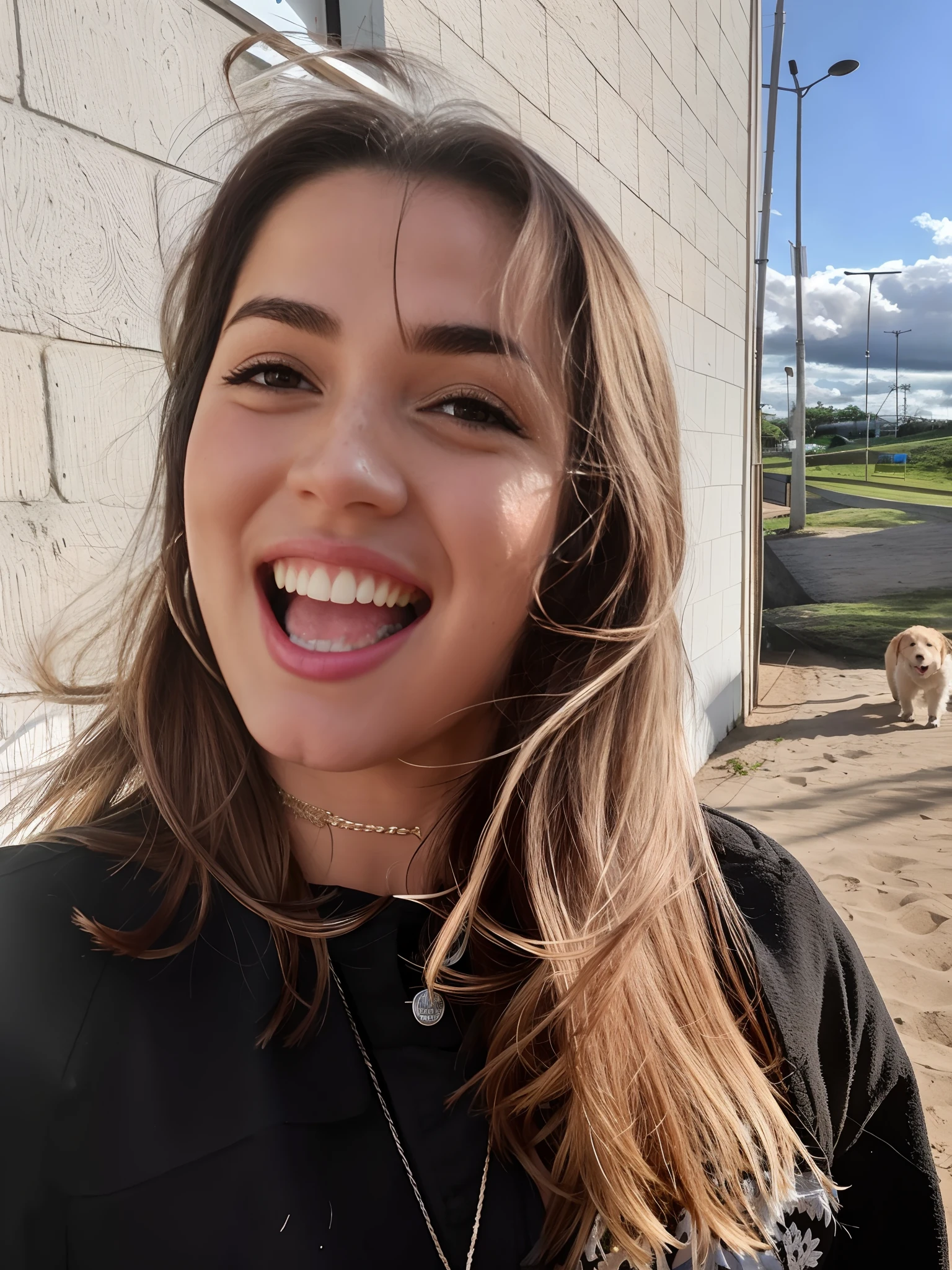 Smiling woman with long hair and a dog in the background, ela expressando alegria, selfie de uma jovem mulher, imagem de perfil, She is laughing, imagem de qualidade muito baixa, Pokimane, divertindo-se, Rindo, selfie of a dog, sorrindo rindo, instagram story, boca aberta, Tongue out, Marischa Becker, so happy that her face hurts