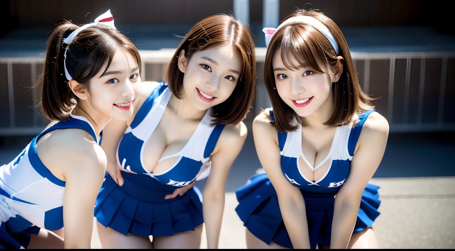 (((32K,very high res, high detailing, highly accurate,masterpiece))),Raw photo & realistic atmosphere,beautiful dark blue eyes,Detailed mouth,Glossy lips,Detailed eyebrows,Soft white skin that shines with every detail,,Eyes drawn in detail、Very beautiful eyes with azure eyes,Detailed lips、Very beautiful face,Very well-formed face、Lifelike face,shiny beautiful lips,Beautiful eyebrows,Infinite reality,Best design,(Insanely cute Japan girl,Healthy style,Beautiful breasts with big breasts,Very cute beautiful girl,Little GirlBest Natural Makeup,Japanese ido,Korean Idols,Japan Cheer Girl,Korean Cheergirls,Moist eyes,Dark beautiful eyes,Beautiful butt,beauty legs,,camel's foot,,Skinny Fingers,Detailed beautiful legs:1.3),超A high resolution、,Natural and realistic face,Back lighting,Pure eyes are too cute,(((photorealisim))),Reality Live Action,(Simple piercing,Glossy nail art:1.1),(short hair with shiny red hair,Horizontal marshalling,独奏,natural make up:1.3),(Beautiful cheerful girl,Packed match venues:1.3),(Full Body Costume Display,Photograph the whole body,Colorful and sexy cheergirl costume based on gold, Black, High detail design in purple and white,Sexy cheergirl costume with a lot of exposure,Sexy Cheergirl,High Definition High Resolution Very Beautiful and Cute 14 Year Old Sexy gure Cute Cheering,hair pin,hair adornments,hairaccessories,micromini skirt,Girl 2,Beautiful but unique hairstyle,Two beautiful girls approaching on all fours、Sexy seduces me:1.5)