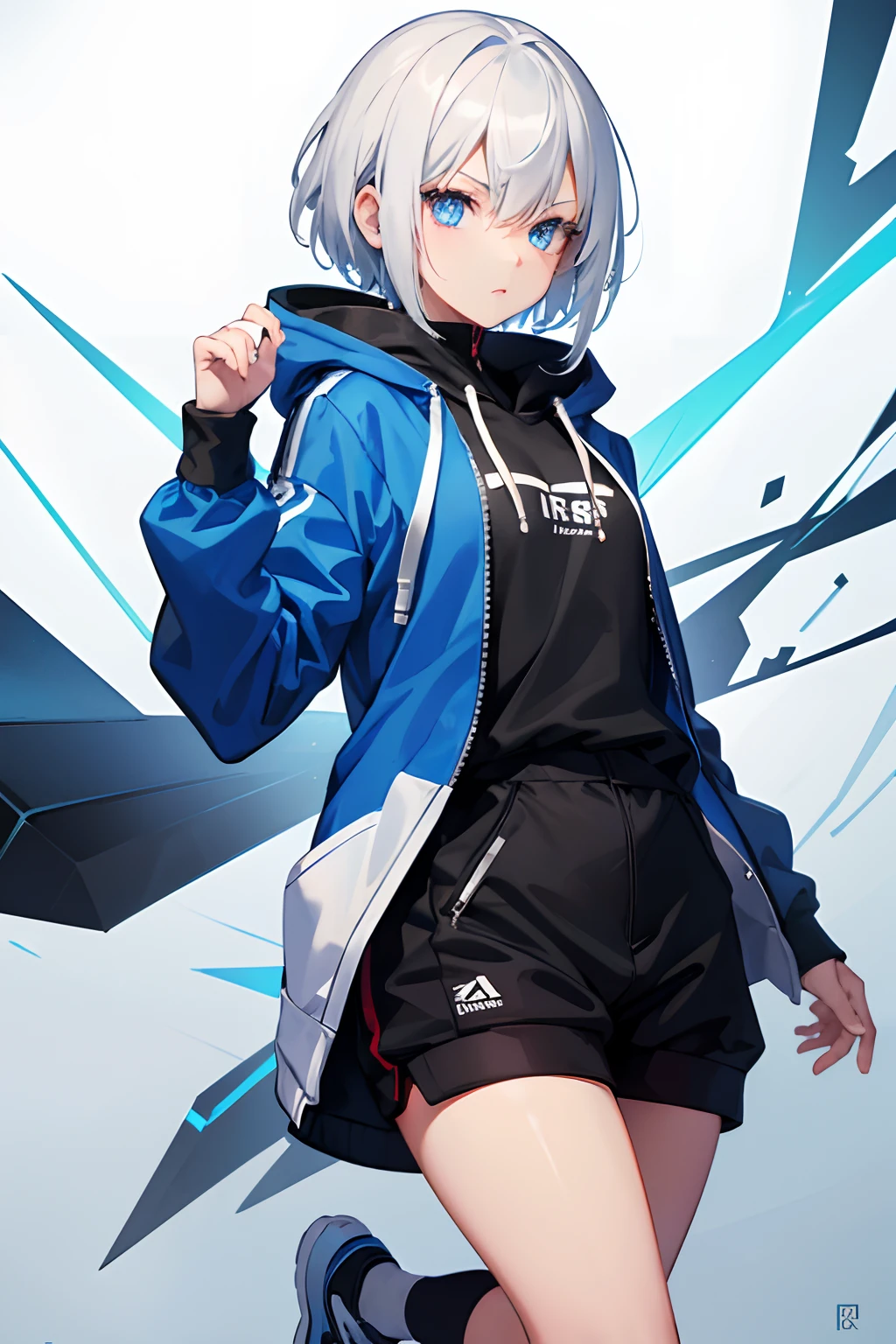 1girl, hoodie techwear, blue eyes, white hair, ultrasharp, short hair, 8k, looking at viewer, mean stare