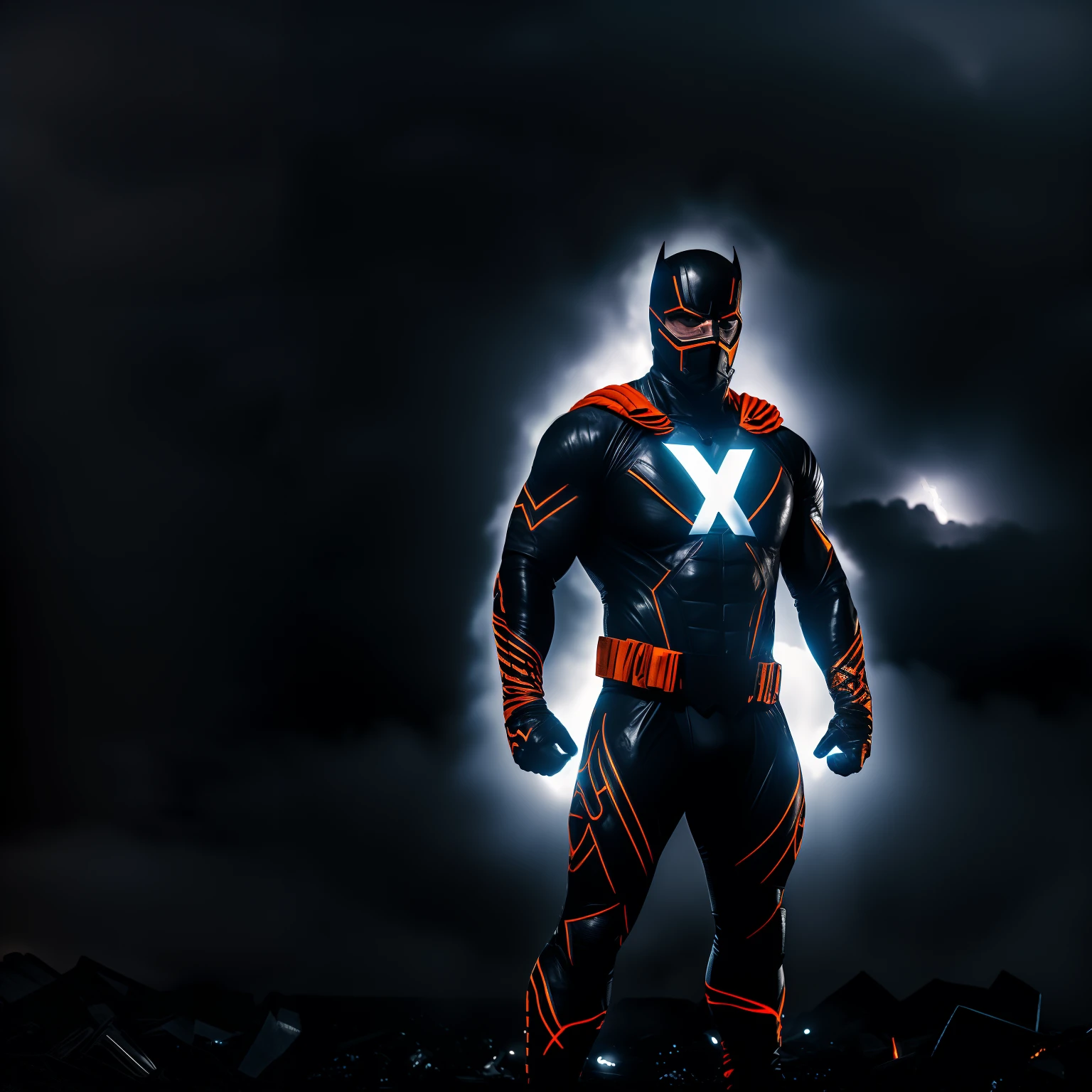 The superhero, known for the ((big orange glowing X on his chest)) on his carbon black superhero suite, face covered with black stealth mask with ((white) X covering the eyes) , standing in front of a destroyed foggy city, thunderstorm