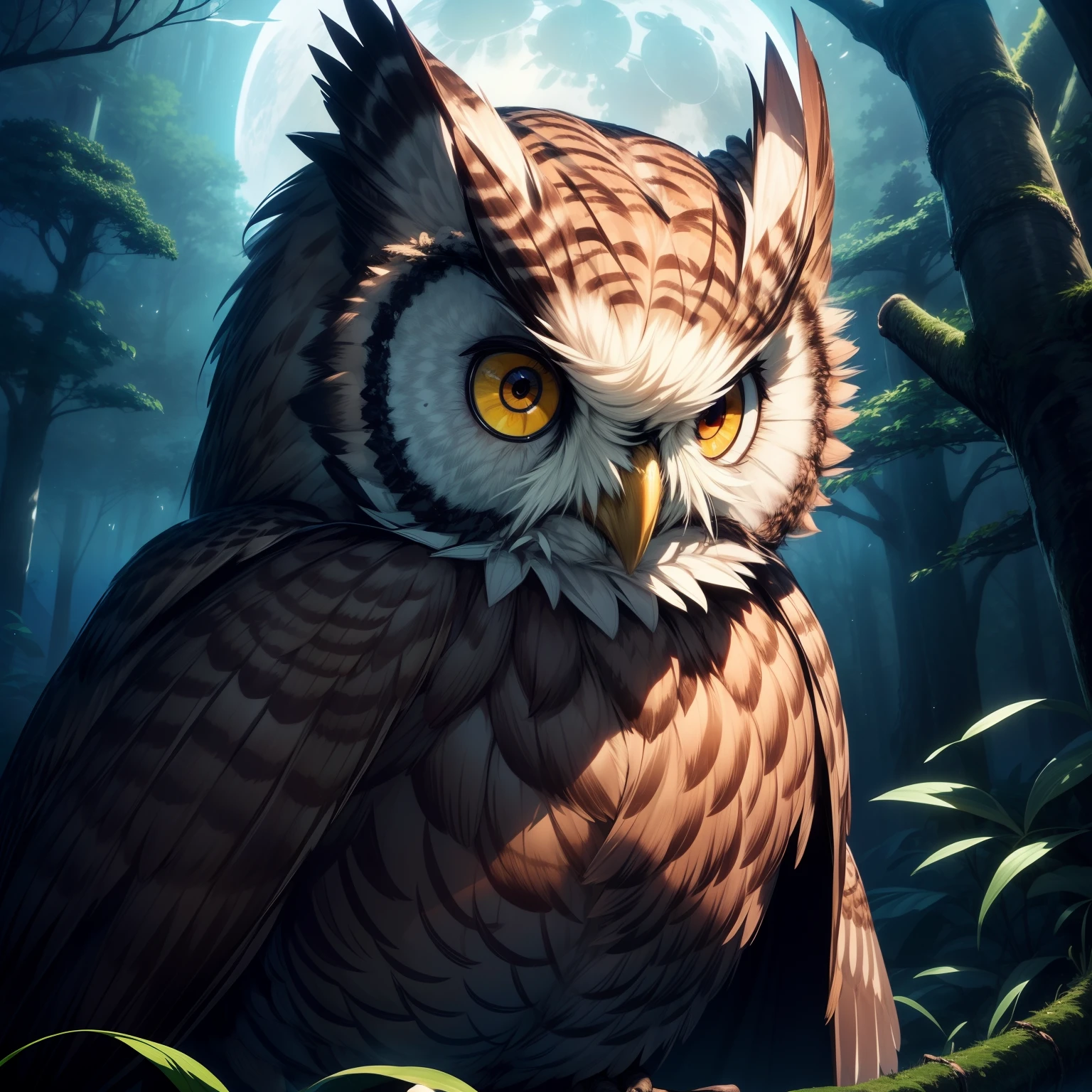 (Best quality,Ultra-detailed,Masterpiece:1.2),Detailed eyes,detailed feathered,Detailed fur,(owl:1.3),Night,Moonlight,sharp talons,sharp beak,Dark silhouette,mysterious,Huge wings,hidden in the shadows,beautiful feathers,Staring with wide eyes,wise expression,hauntingly beautiful,Majestic,Glowing eyes,Vigilant gaze,Dark forest,Enchanted,moonlit sky,wisdom,covert,Quiet night,stillness,Hidden wisdom,mythological creatures,enchanting scenery,Dark magic,Branches in the moonlight,Tall trees,green leaf,reflection of the moon,serene,Peaceful,Quiet,Hunting,Nocturnal predators,wildness,Fly gracefully,Watch vigilantly,soaring through the sky,Colorful feathers,Elusive prey,night vision,Pristine landscape