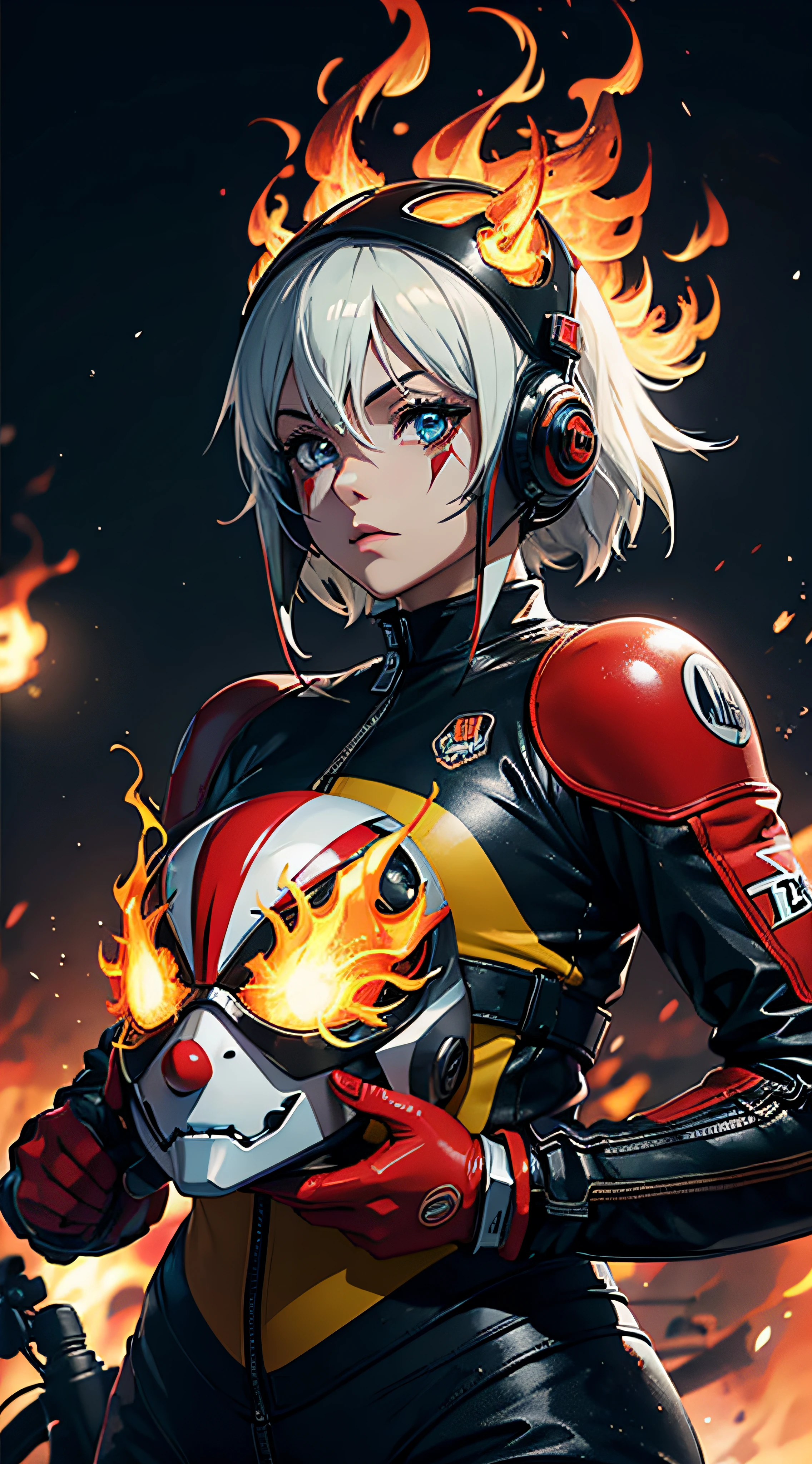garota em uma moto (menina anime:1.1,motocicleta:1.2,portanto),(Serious:1.1,Escuro:1.1) Estilo,Clown mask with fire,armadura de metal e jaqueta,(neon background:1.1,circo),(),vivid colors,foco nítido,Physically-based rendering,extremamente detalhado,lighting bokeh,menacingly,clown helmet with flames, metal no corpo