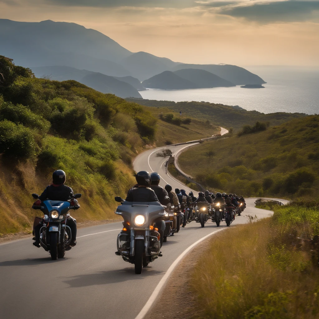 Wide and winding road that climbs towards the mountains with vast vegetation, the initial part of this road is over the sea seen from the lower part to the upper part. A group of 22 twenty-two motorcyclists seen from behind, approximately two meters apart, travel from the lower to the upper part of this road. The first motorcyclist is close to the mountains, at the top of the slope, the second is two meters from the first, the third is two meters from the second and so on until the last is at the bottom of the road over the sea. Clear and calm sea. The group of twenty-two motorcyclists has classic motorcycles as well as modern motorcycles. A large bright sun is at mid-height in the background of the image. The uphill road and the group of twenty-two motorcyclists head towards the sun. Ultra realistic, perfect image with lots of details where you can see all twenty-two motorcyclists. Day with clear skies. The group of twenty-two motorcyclists wear typical motorcycle clothing, such as vests and leather jackets. Uphill road seen from the bottom up, well signposted and defined, with sharp curves, with protective walls and guardrails. The sun stands out for its brightness and reflects lightly on the sea. Some motorcycles have a driver and passenger. There are motorcycles of different colors and models. The group of 22 twenty-two motorcyclists, with their twenty-two motorcycles, heads in the same direction, in the same direction of the road from the low part to the high part towards the mountains, going up. Uphill road towards the mountains. You can see the shine and details of the 22 twenty-two motorcycles. The sea gently touches the beach on the side at the beginning of the paved road seen from the lower part. The group of twenty-two motorcyclists and their twenty-two motorcycles are seen from behind towards the mountains from the lower part, close to the sea, to the upper part, close to the mountains, towards the Sun.