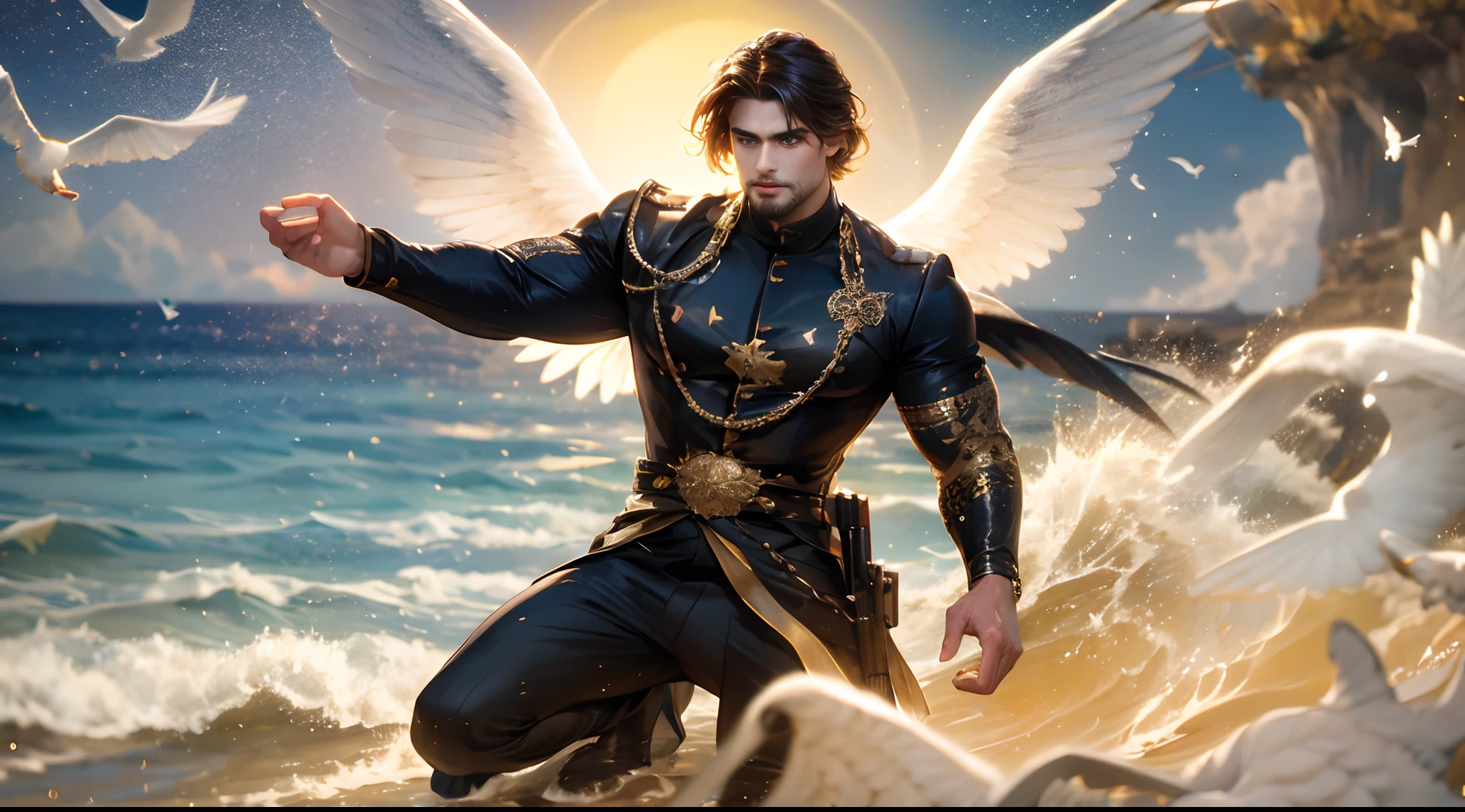 1 man, alone, young handsome man, LatinLover character, mulatto skin, attractive features, tan tone skin, dark blue eyes, friendly expression, white wings coming out of his back, wings of one angel, physical fitness, man's long haircut medium, black brown hairstyle, small beard, rockstar clothing, black outfit, anatomically correct body, full body tattoos. emotion: Attracted, environment: Clouds and birds in the air.