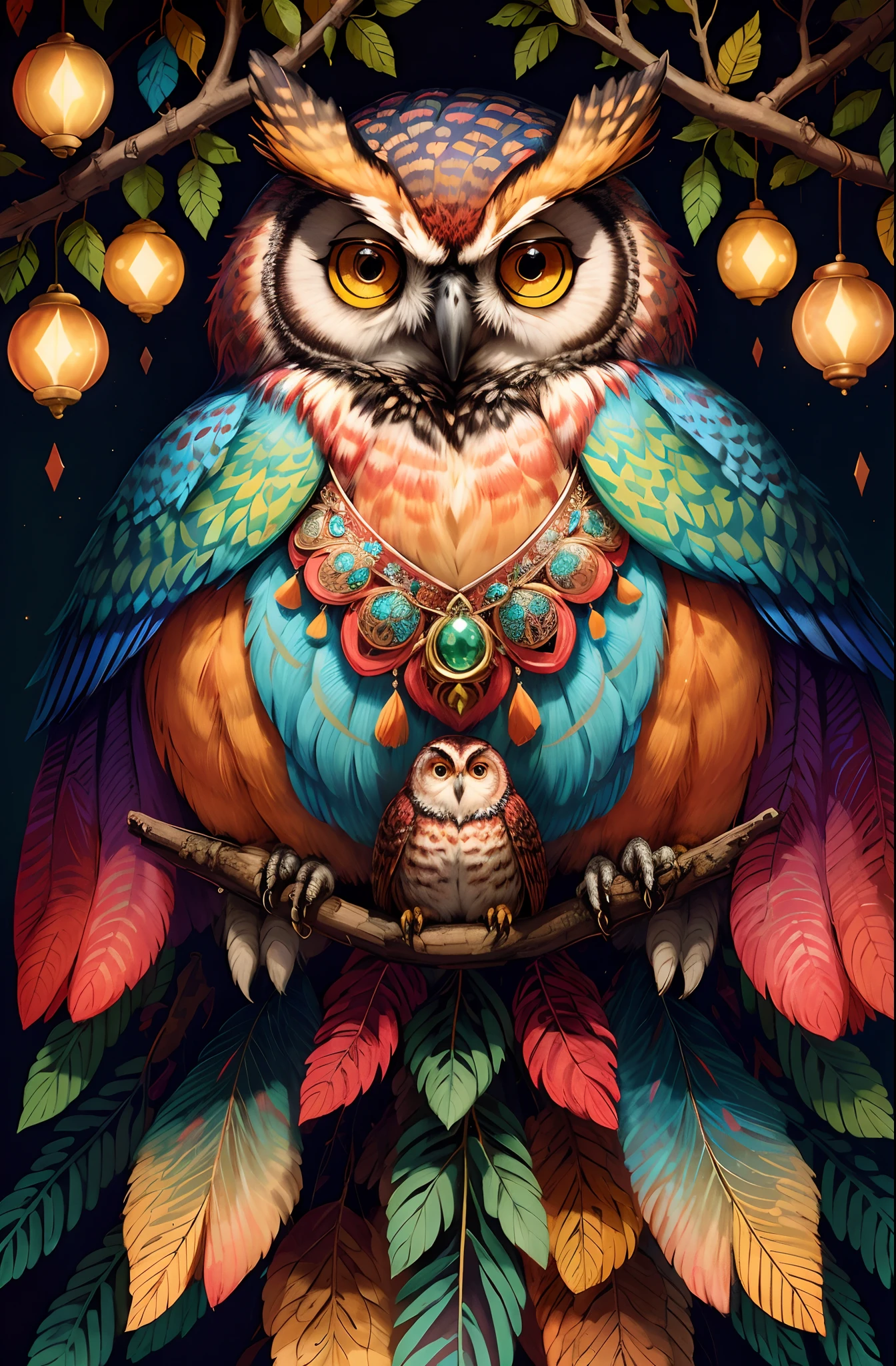 Brightly colored owls，There are ornate decorations on the branches, plethora of colors，detail-rich, highly intricate and colorful, Detailed painting 4 K, details and vivid colors, 4 k highly detailed art, high detailed colors, colorful intricate masterpiece, colorful hd picure, radiant owl, Detailed art in color, perfect coloring, highly detailed digital artwork, detailed digital artwork