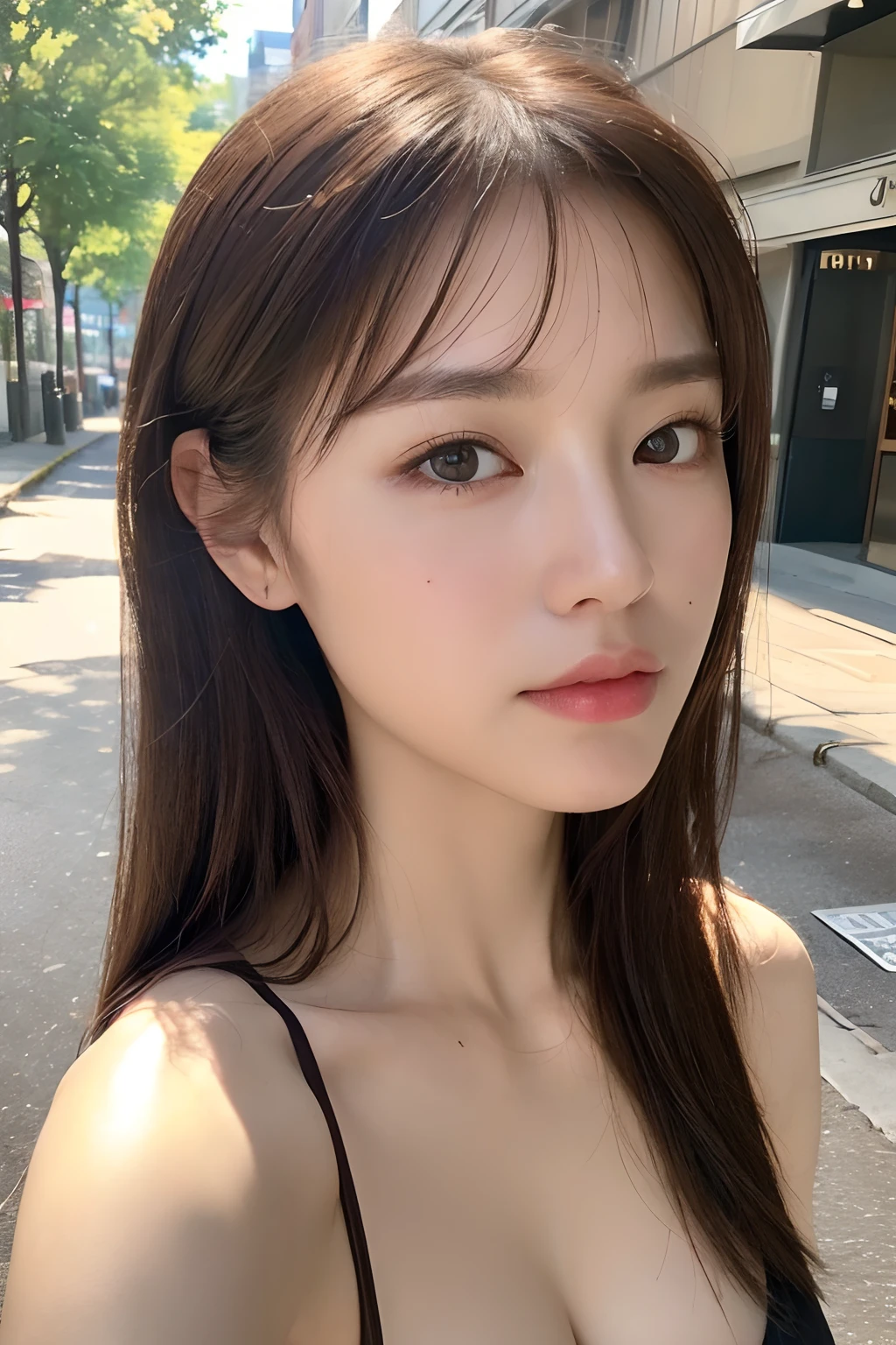 A woman with long brown hair and a black top posing for a picture ...