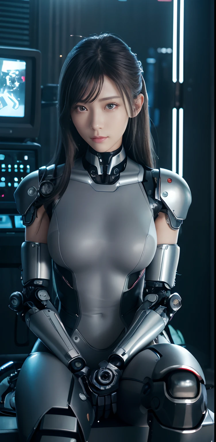 masterpiece、((grey sweater))、 ((plugsuit)), ((a beauty girl:1.2))、I don't have both arms.、Some mechs、Mechanized body、Mechanized chest and abdomen、Mechanized occipital、Mechanized legs、Black metallic suit tight to the body、is standing、Tied up、Metal Robot、((Cyberpunk background))、(Neon light)、(Background of the machine shop of the future)、Cyberdyne、Artificial bodies、All-metal body、Ironwork、Abdominal mechanism、((Robotic Arms and Hands))、((Robot legs))、((Cervical part of the machine))、Inside the spaceship、a beauty girl、sixteen years old、Asian Beauty, (Abdomen exposes actuators and cables)、From the neck down is the body of a metal robot、Complex 3d rendering beautiful porcelain profile super detailed female android face、cyborgs、roboticparts、150mm、beautiful studio soft light、Rim Lights、vibrant detail、luxuriouscyberpunk、Ren Hao、surrealistic、Anatomical、face muscles、cable electric wires、microchips、elegent、beatiful backgrounds、octan render、HR Giger Style、8K、top-quality、masterpiece、illustratio、extremely delicate and beautiful、 extremely details CG、Unity、wall-paper、(realisitic、Photorealsitic:1.37)、astonishing、detaile、masterpiece、best qualtiy、Official art、Highly detailed CG Unity 8k wallpaper、absurderes、incredibly absurdness、、机器人、Silver Halmet、full body Esbian、sitting on