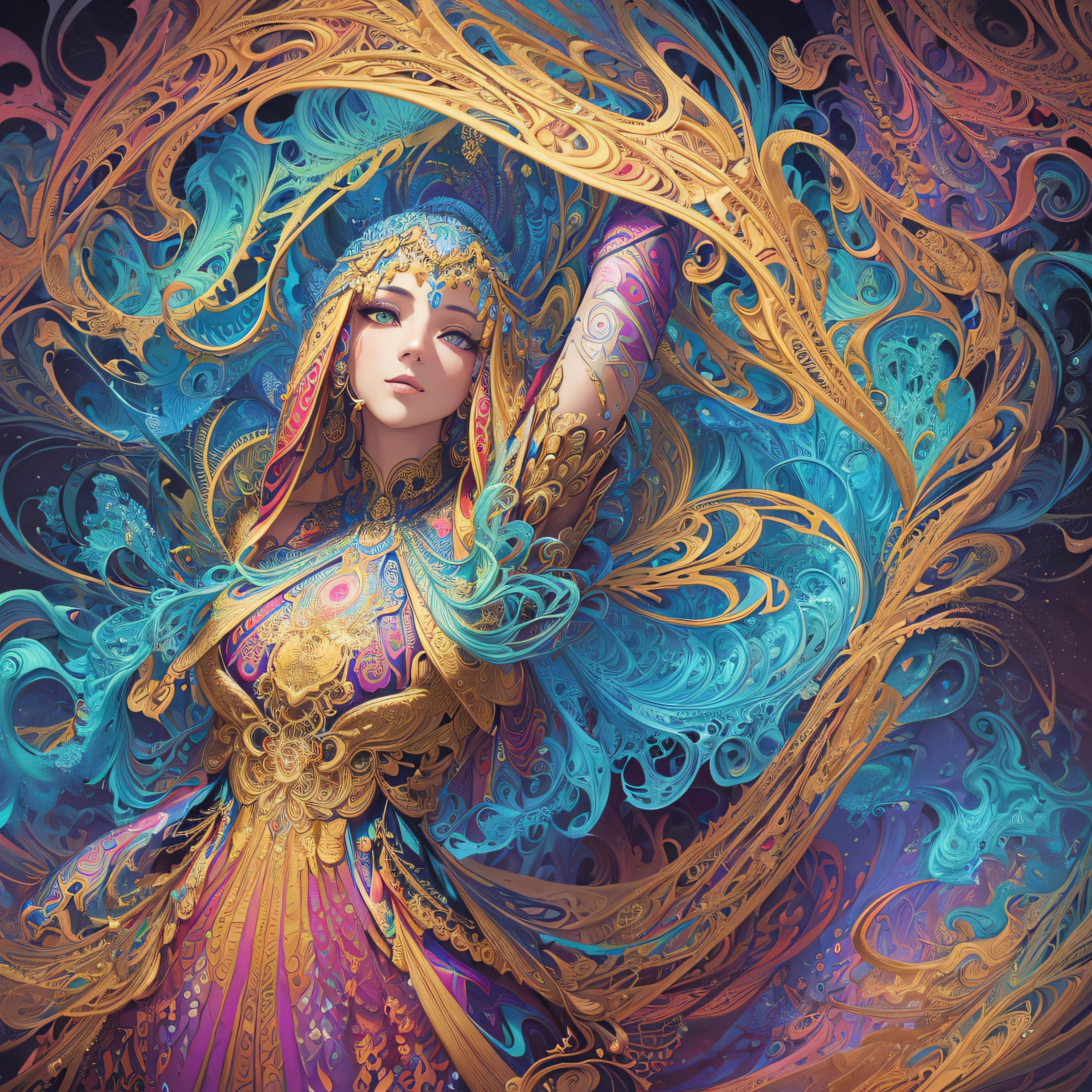 (masterpiece, top quality, best quality, official art, beautiful and aesthetic:1.2), (1girl:1.3), extremely detailed,(fractal art:1.2),colorful,highest detailed,(zentangle:1.2), (dynamic pose), (abstract background:1.5), (treditional dress:1.2), (shiny skin), (many colors:1.4), upper body --auto