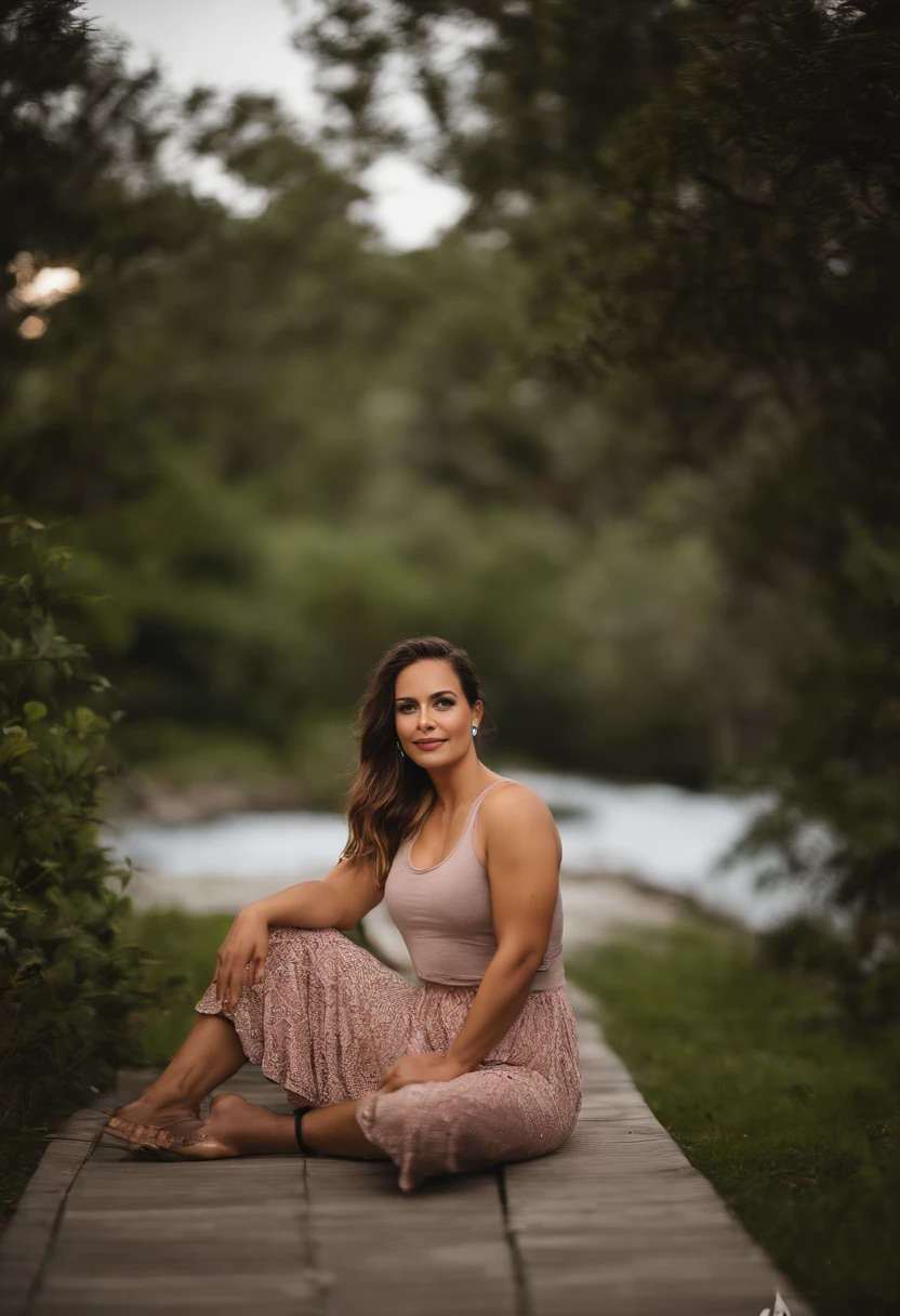 crie para mim uma imagem de um mulher com idade aproximada de 28 anos um pouco gordinha, pousando para a foto como se estivesse fazendo uma foto para medir seu nivel de emagrecimento no futuro. If possible put her in sweatpants and a tank top