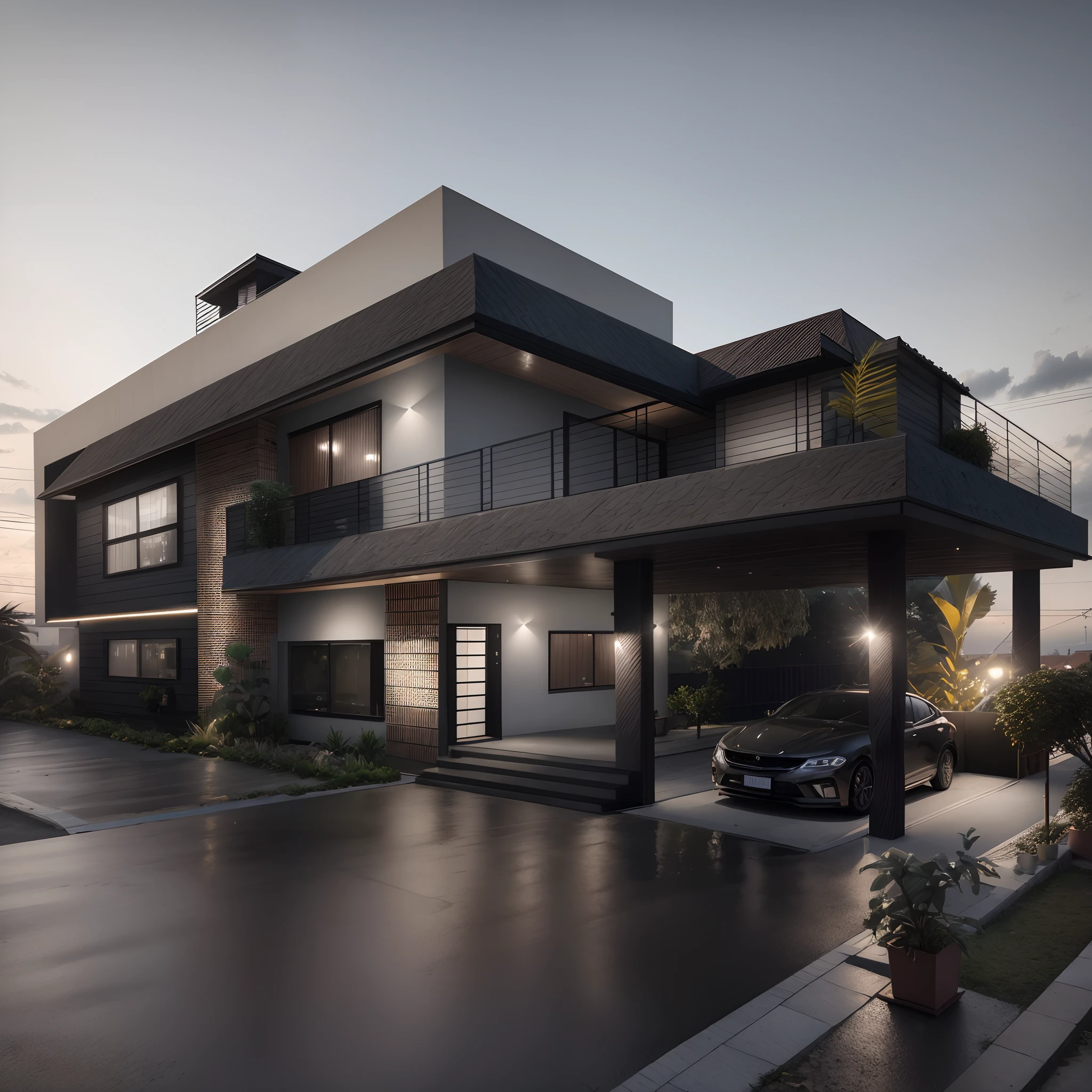 Realism photo of a house with a car parked in front of it, em estilo de realismo, arquitetura realista, arquitetura, architectural concepts, architectural concept, estilo tradicional, casa contemporanea, ultra realista, projeto de arquitetura, architectural design, Villa, Ponto de perspectiva 3D, conceito realista, imagem profissional, ultra realista, cinema lights, 8k