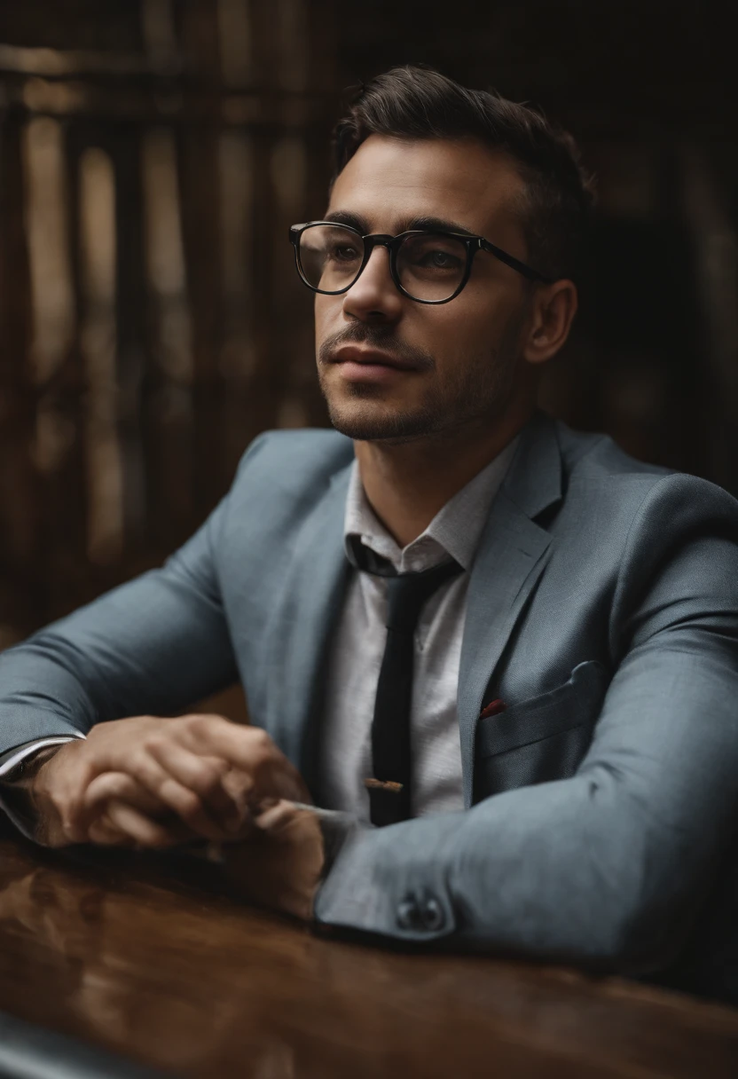 Man in glasses and suit with smile at the corner of his mouth, imagem fotografa, caio santos, em torno de 22 anos, Directed by: Nandor Soldier, mateus 9 5, foto de em nova york, foto profissional animada, foto 1024px, retrato de alta qualidade, david rios ferreira, mostrando o corpo definido, icaro carvalho