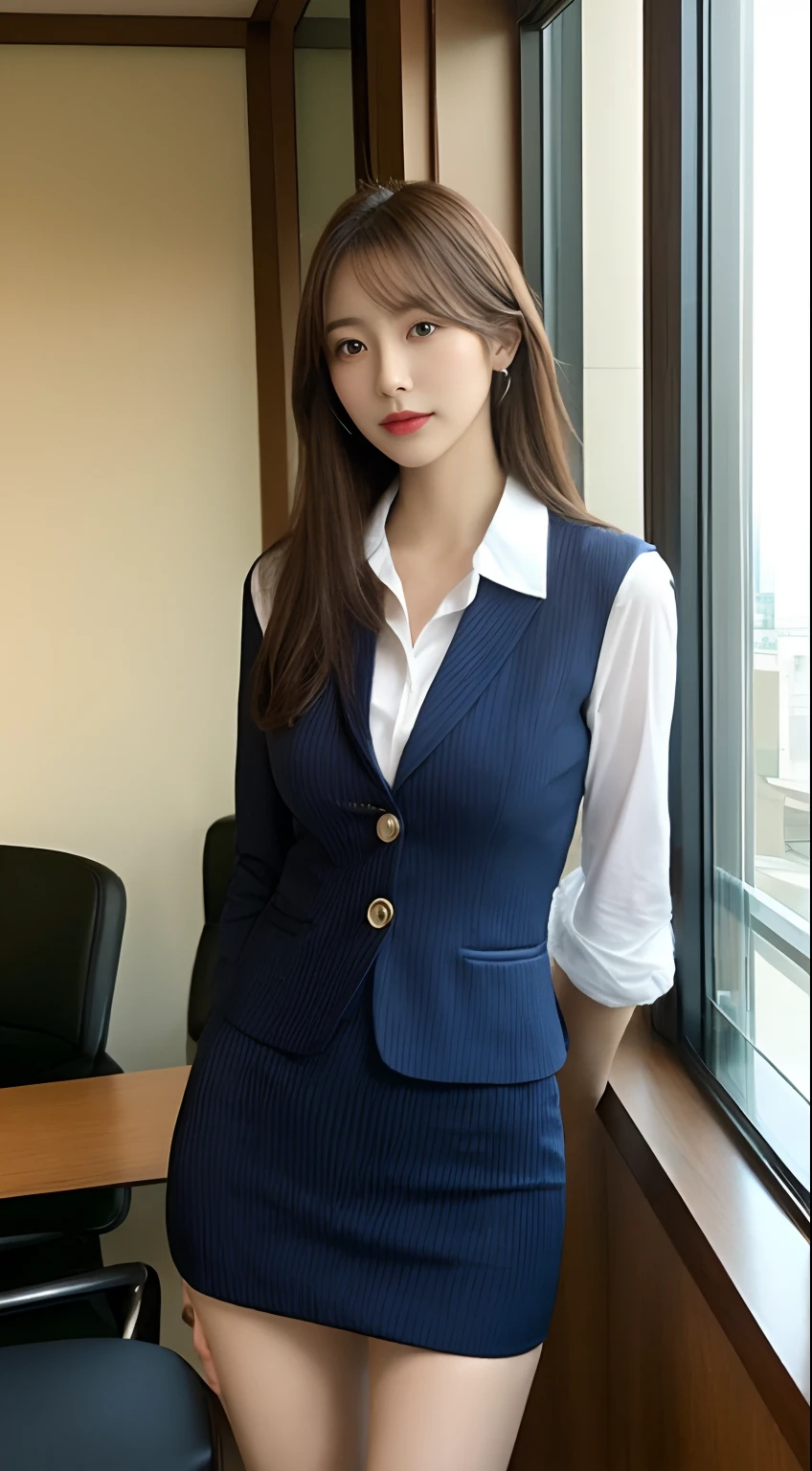 Tall and slender beauty、The beauty of the suit、Colossal tits、undershirt、Cool Beauty、Career Woman、Japan beauties、Unbutton the chest、a miniskirt、modeled、tiese,Office room,windows