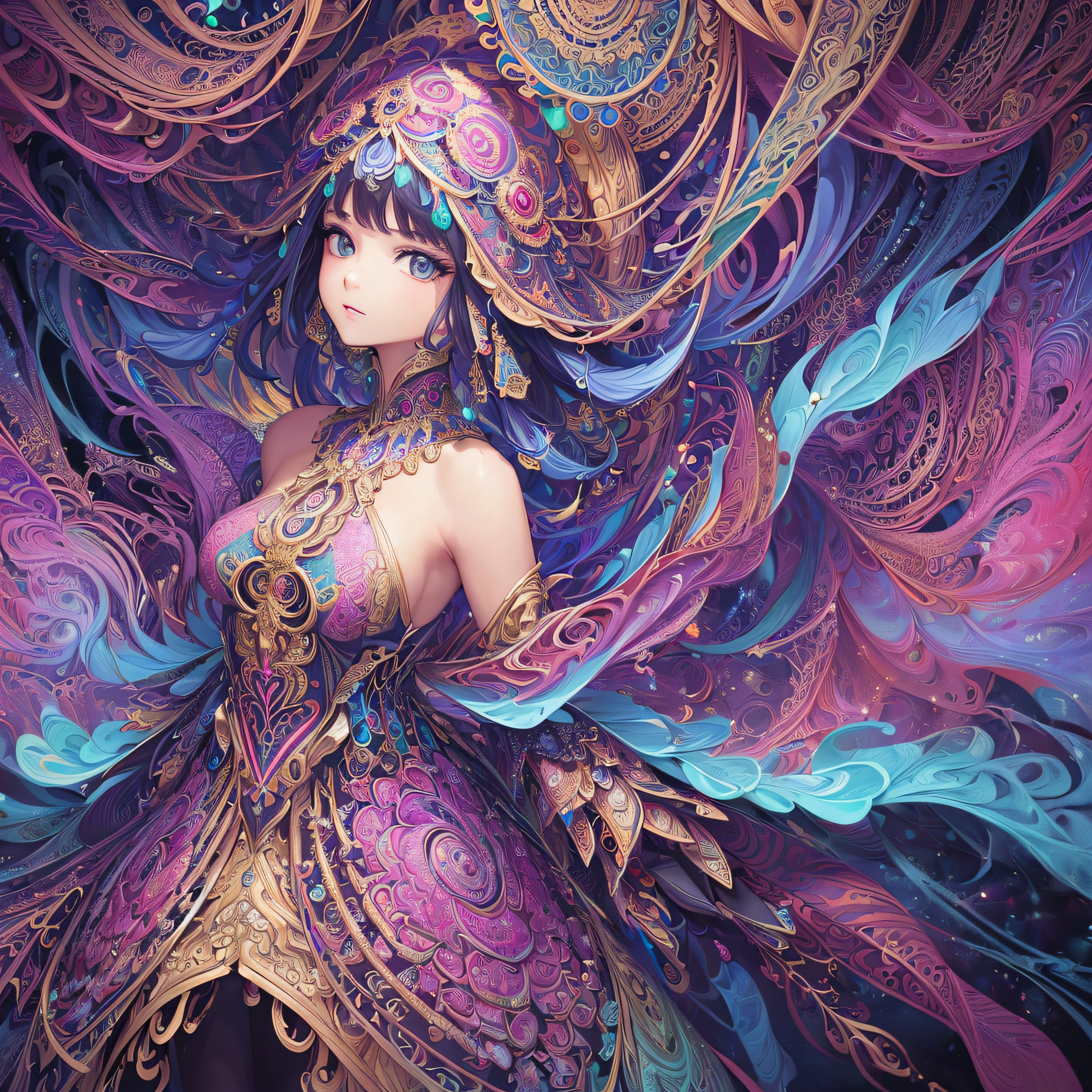 (masterpiece, top quality, best quality, official art, beautiful and aesthetic:1.2), (1girl:1.3), extremely detailed,(fractal art:1.2),colorful,highest detailed,(zentangle:1.2), (dynamic pose), (abstract background:1.5), (treditional dress:1.2), (shiny skin), (many colors:1.4), upper body --auto
