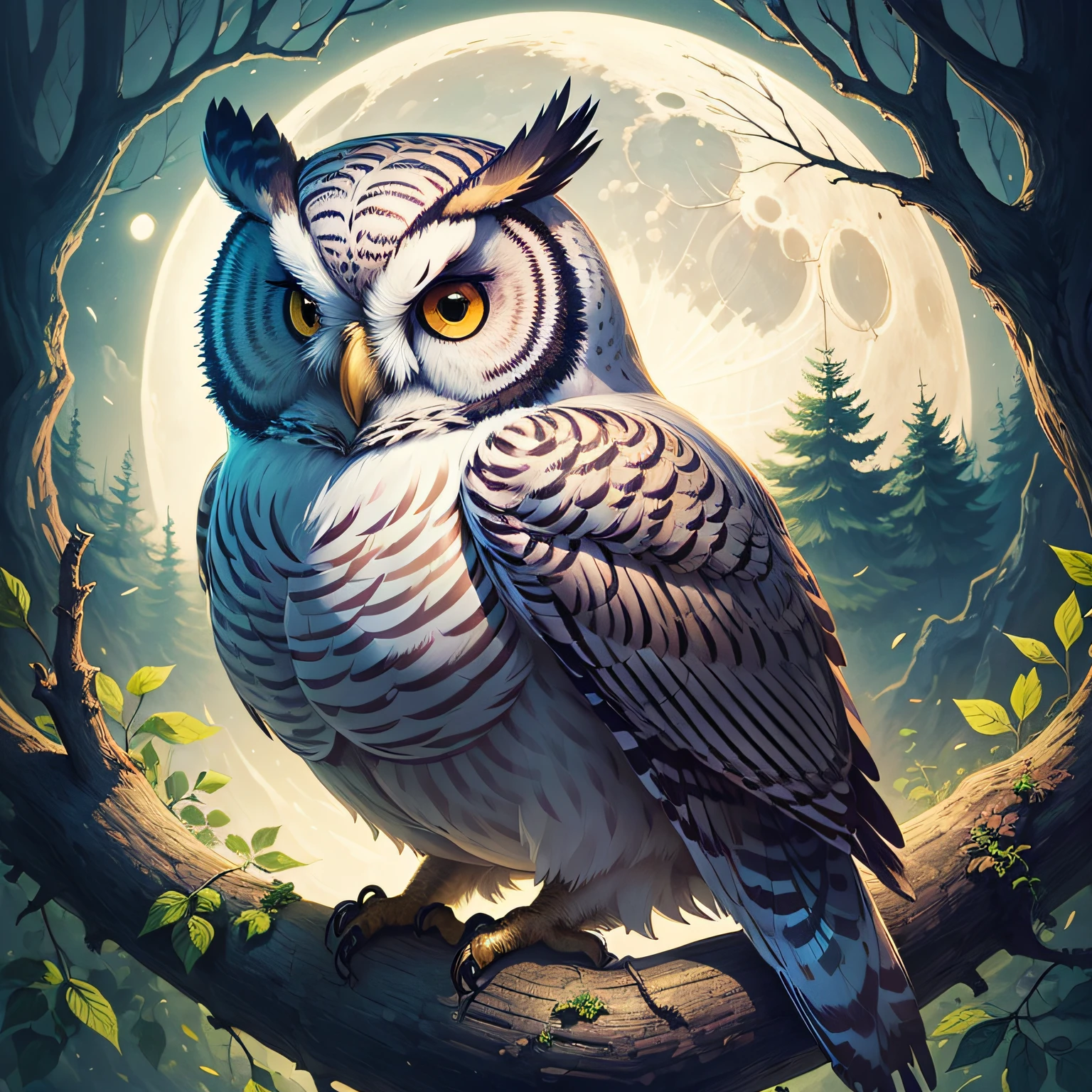 (((masterpiece))), bestquality, illustration, beautifuldetailedglow, paper_cut, owl, tree, moon,