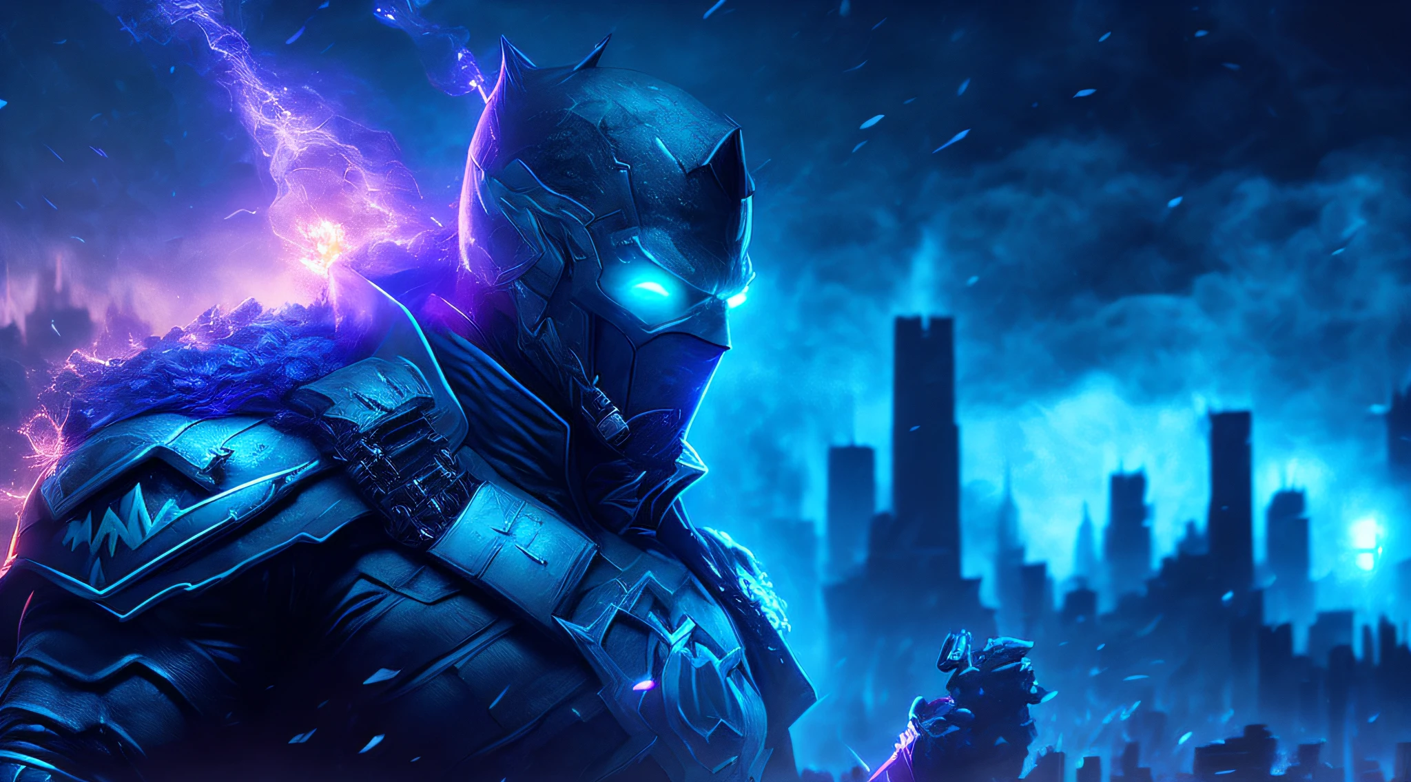 dark portrayal of DC's Captain Zombie Cold, extremamente detalhado, futuristic cityscape, noite, glowing neon lights, smoke billowing, Sparks, Metal shavings, Detritos voadores, efeitos da energia azul, volumetric light