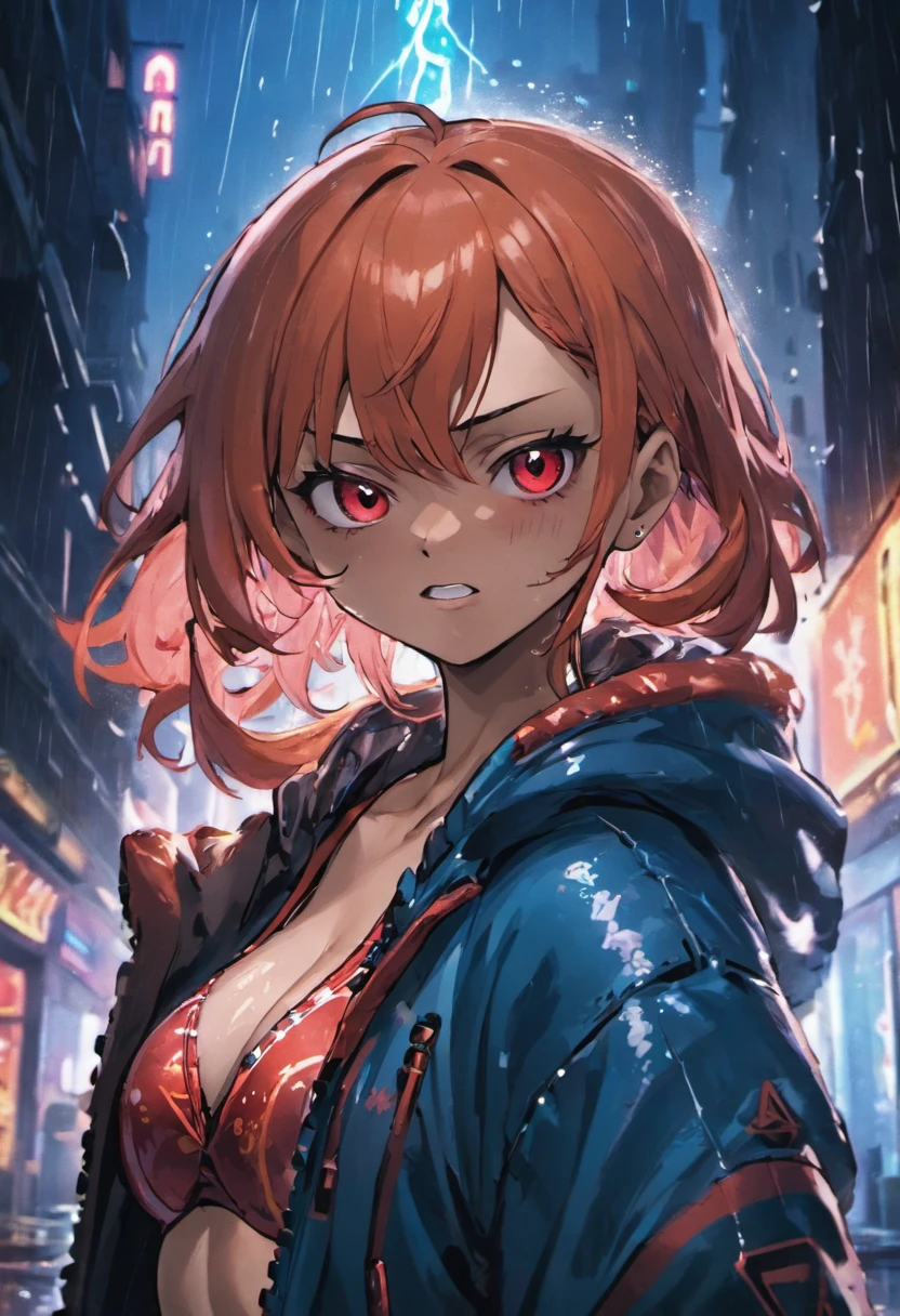 Closeup photograph, confident young cyberpunk nami one piece, wearing a hoodie with red and blue designs on it, in a rain soaked street at night, photorealistic, cinematic lighting