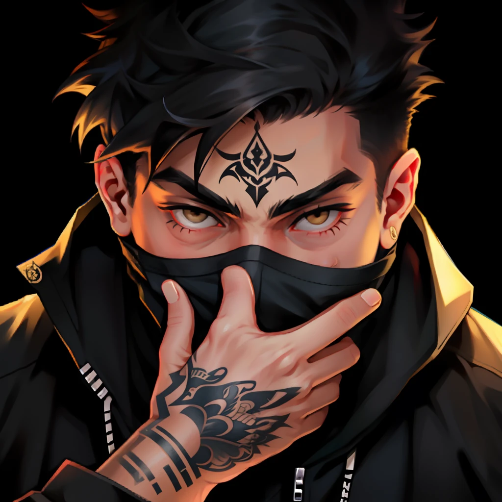 Sharp focus : 1,2 boy with white eyes and with tattoos
Realistic covering his face with his hand