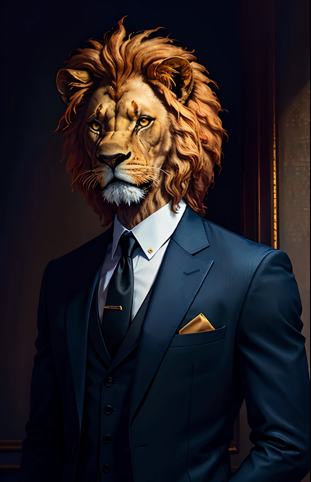 Young lion in suit,Humanoid lion face,Masterpiece-quality Ultra HD picture quality,precision,Perfect for delicate skin texture,High level of detail,Image top quality,A high resolution, Full body portrait, wearing a shirt with a jacket, wearing a red tie, and wearing black trousers, detailed, detailed face and hair, masterpiece, 4k resolution