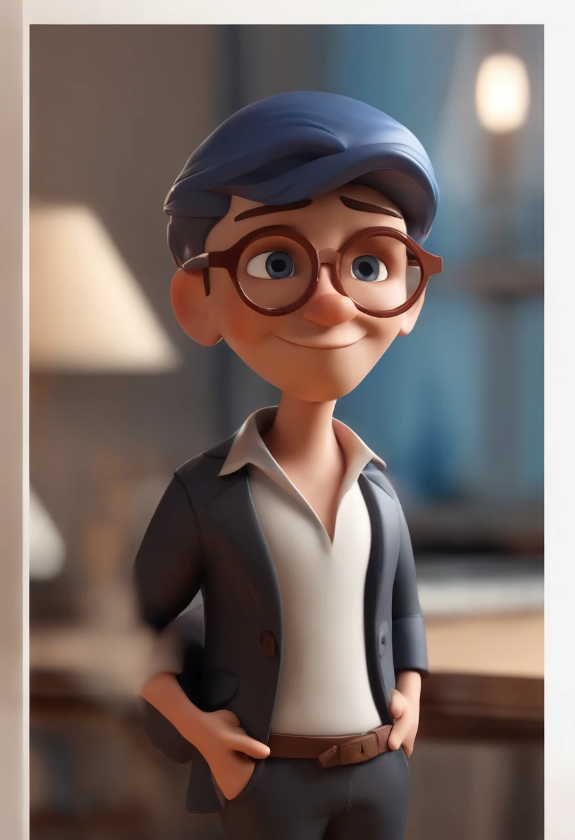 Cartoon character of a man wearing black glasses and a blue shirt, um personagem animado, Caractere estilizado, animation style rendering, 3D estilizado, Arnold Maya render, 3 d render stylized, toon render keyshot, Personagem 3D, Personagem 3D, 3d rendering stylized, 3 d character render, personagem de desenho animado, Personagem de close up, Pose de personagem, (Estilo Pixar) (master part:1.2) (Bokeh) (best quality) (pele detalhada) (textura detalhada) (8k) (argila) (Cinematic lighting) (foco nítido,Senta e vaza a parte superior do corpo