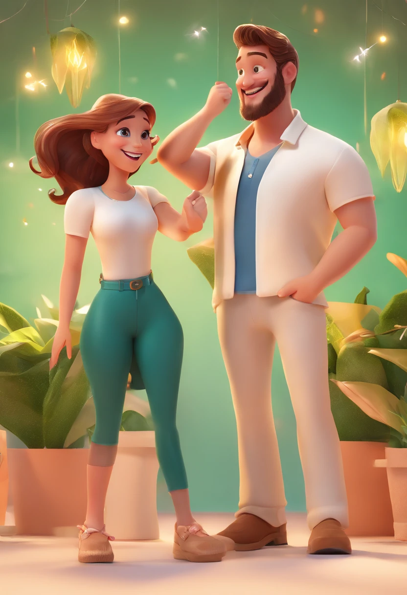 An illustration of an adorable couple, Spotlight: a smiling thin white man with green eyes and a smiling white woman with long hair with beautiful expressive eyes - the man's skin is white and the man's hair is light brown thrown aside, the woman's skin is white and the woman's hair is straight and brown. They are a bright room, cada um com um sorriso no rosto, e compartilhar um momento especial caracterizado pelo amor, Insights. Illustrate this scene from a perspective where they are facing the camera, Smiling and Showing Your Connection. Desenvolva esta arte em Full HD, Focus on your cinematic touch, Estilo Disney Pixar Animations