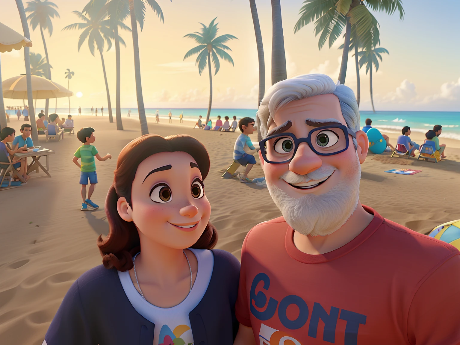 Estilo Pixar: casal esta em uma praia, com um por de sol no fundo, eles estao felizes