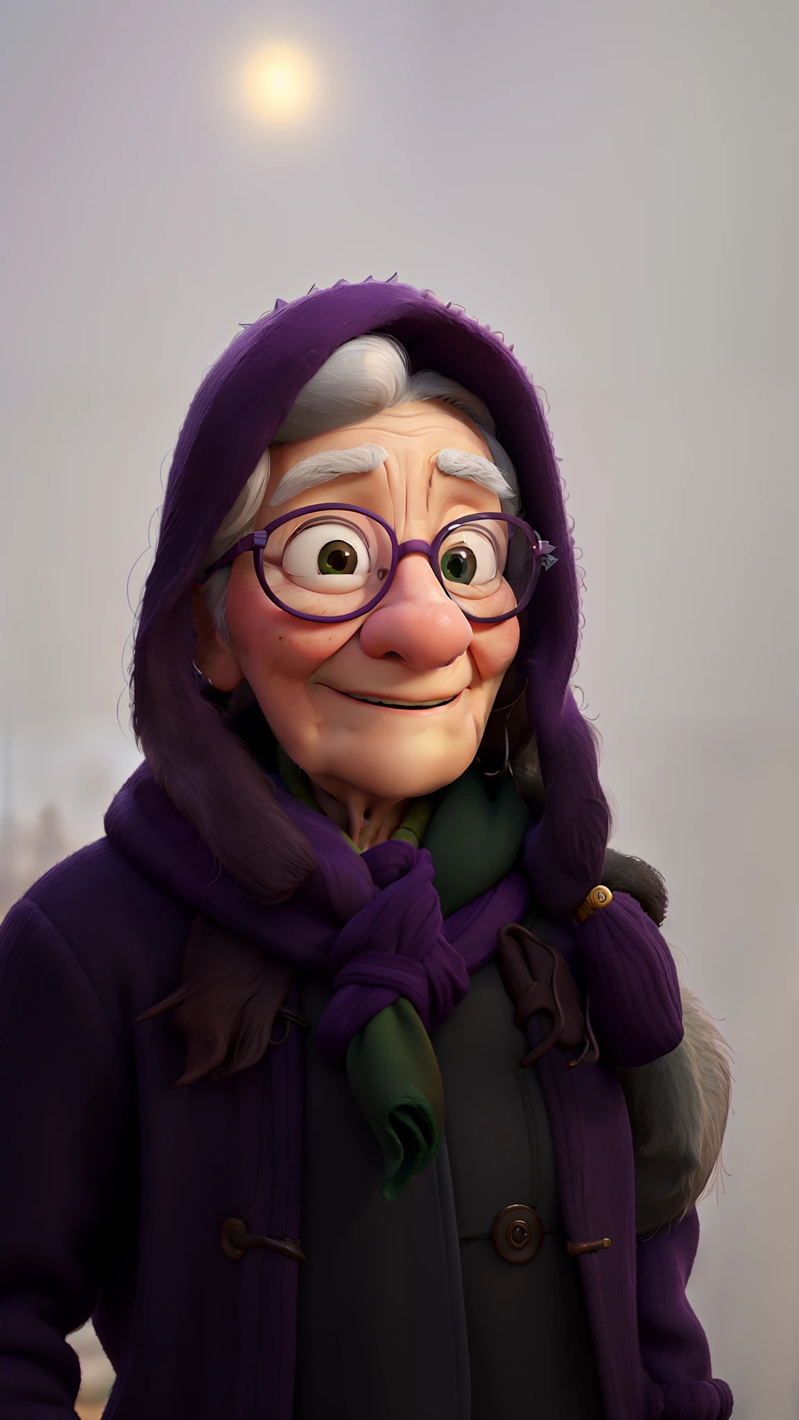 masterpiece, best quality, an old woman with glasses and a scarf on, wearing a purple coat and green scarf, standing at the park