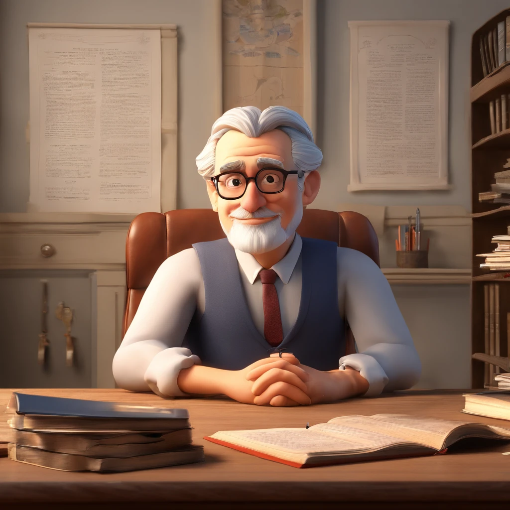 Crie um cartaz inspirado na Disney Pixar com o personagem sendo o pastor Rubens Janier, A gray-haired man wearing glasses, in an office with a Bible on the table