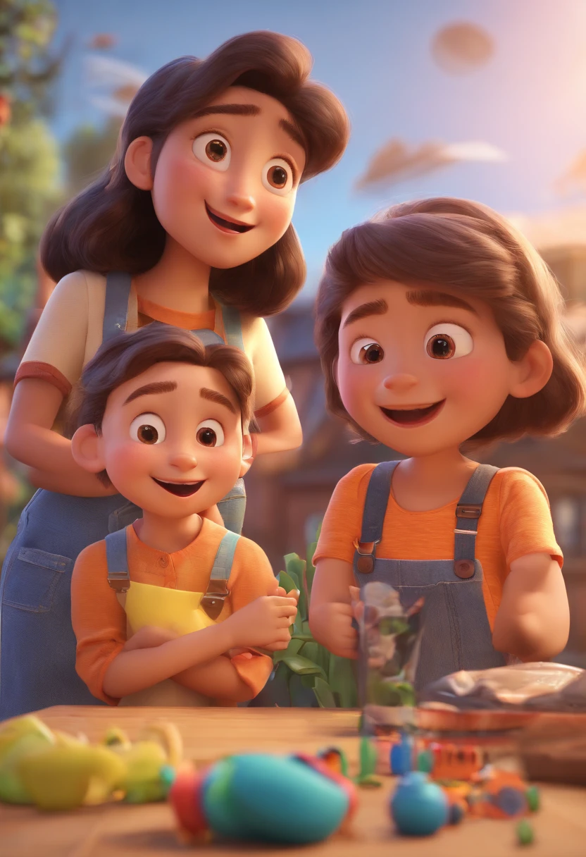 Estilo Pixar: Familia, Um pai, A mother and two girls. Uma menino de 6 anos e outro de 2 anos . Uma fazenda com vacas lindas e marrom .