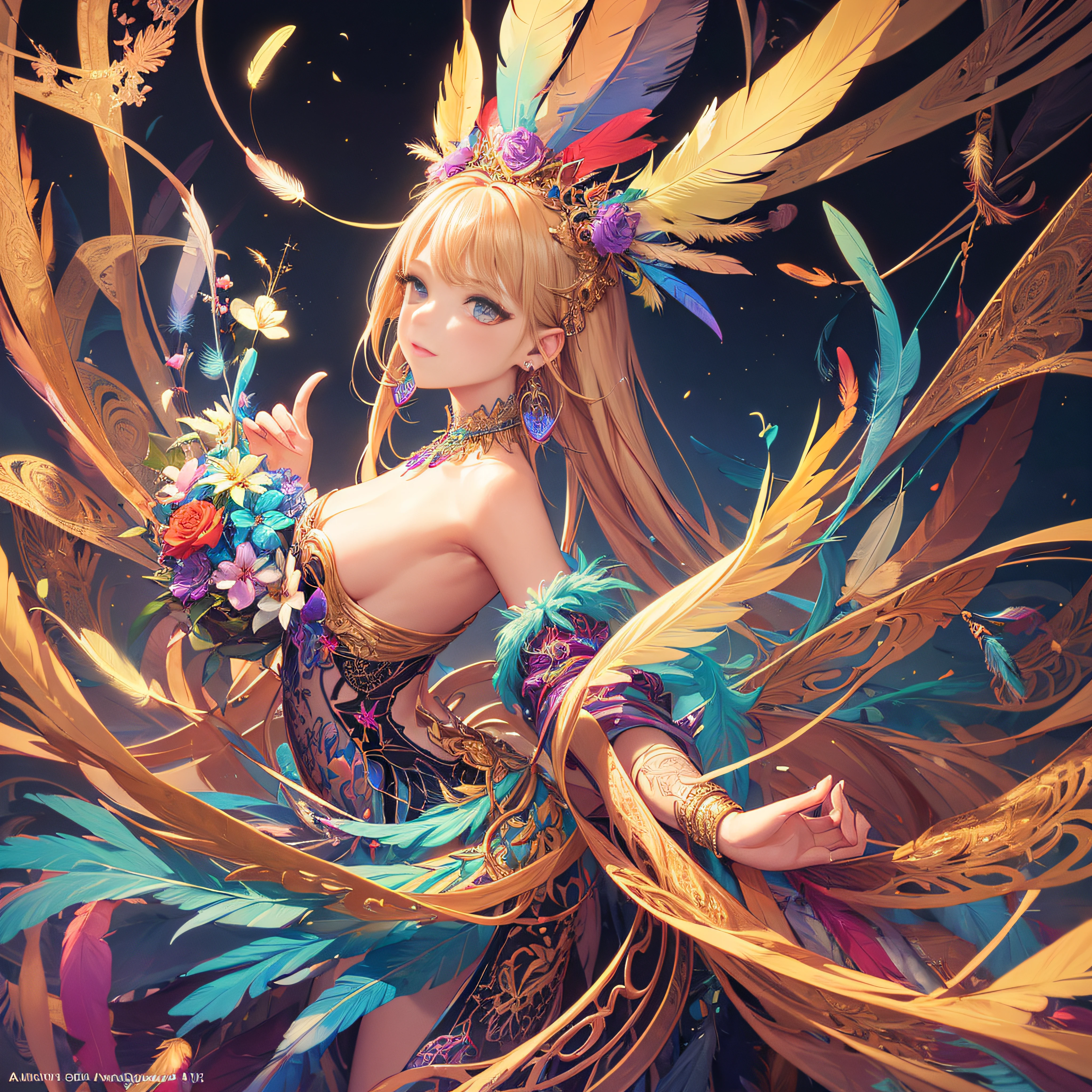 girl with, Small breasts, Bare shoulders, Blonde hair, colorful feather, metal ornaments, Colorful flowers, Particle, light, (masutepiece, of the highest quality, Best Quality, Official art, Beautiful and aesthetic:1.2), (1girl in:1.3), Extremely detailed, (Fractal Art:1.1), ( Colorful:1.1)(Flowers:1.3),highest details,(Zentangle:1.2), (Dynamic Pose), (Abstract background:1.3), (Shiny skin), (Many colors:1.4), (earrings:1.4), (Feathers:1.4), Full body image --auto