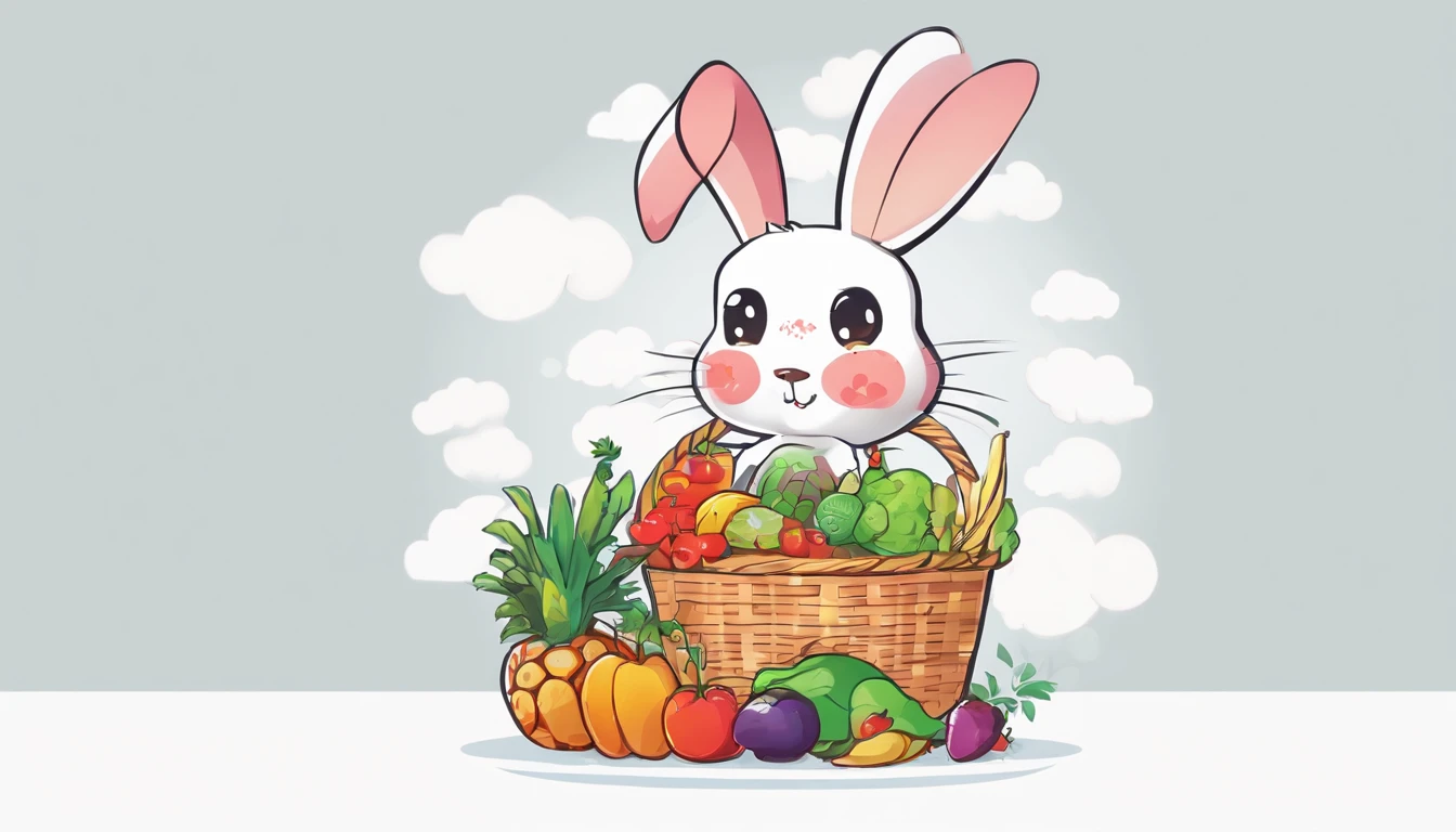 Little rabbit delivering food,white fluff,large ear,The basket was filled with fruits and vegetables,anthropomorphic turtle,white backgrounid,Cute cartoon,Logo design