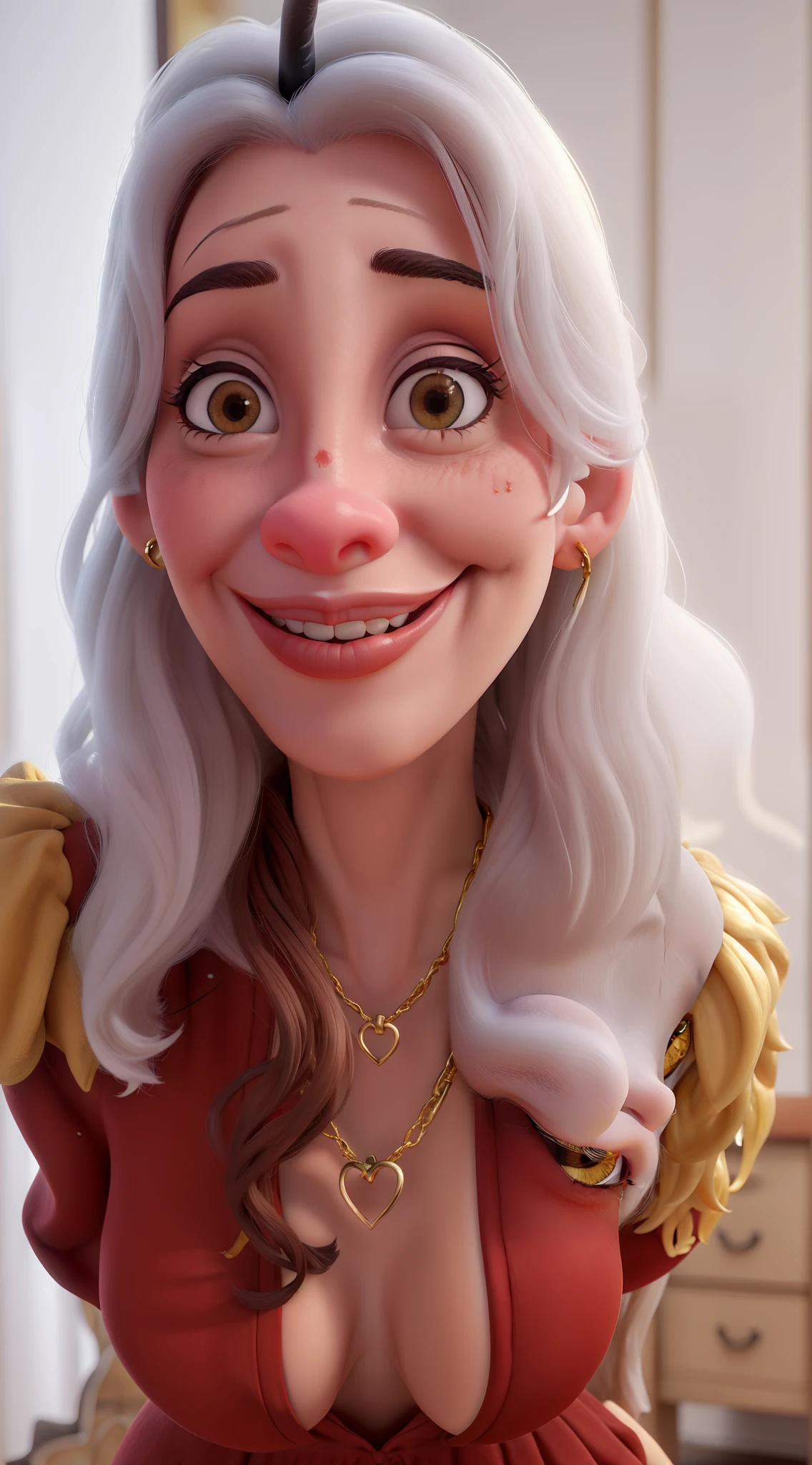 Mulher branca de 35 anos, loira, olhos castanhos, sorrindo, vestido vermelho com babados, Nose piercing and chain with two small golden hearts.