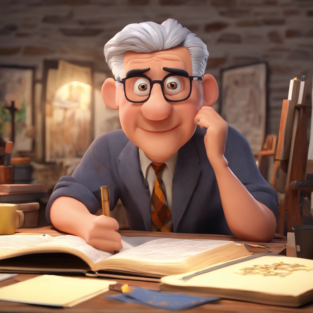 Crie um cartaz inspirado na Disney Pixar com o personagem sendo o pastor Rubens Janier, A gray-haired man wearing glasses, in an office with a Bible on the table