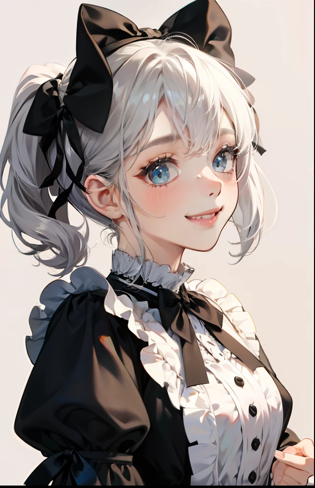 girl with、Background white、without background、Grey-white hair、Twin-tailed、Two knots、with blush cheeks、White and black Lolita fashion、frilld、bow ribbon、Smiling、kawaii、without background