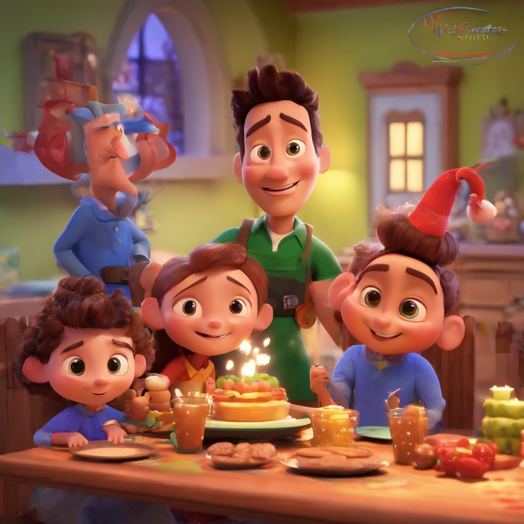 Crie um cartaz inspirado na Disney Pixar com o personagem sendo vestido de papai Noel, Um homem de cabelos brancos, sorridente, olhos castanhos, olhos que fecham  um pouco ao sorrir, um pouco barrigudo, the scene will be in Pixar's distinctive digital art style. Focus on character expressions, Vibrant colors and detailed textures present your animations, with the title "Quero a cena natalina da Pixar"