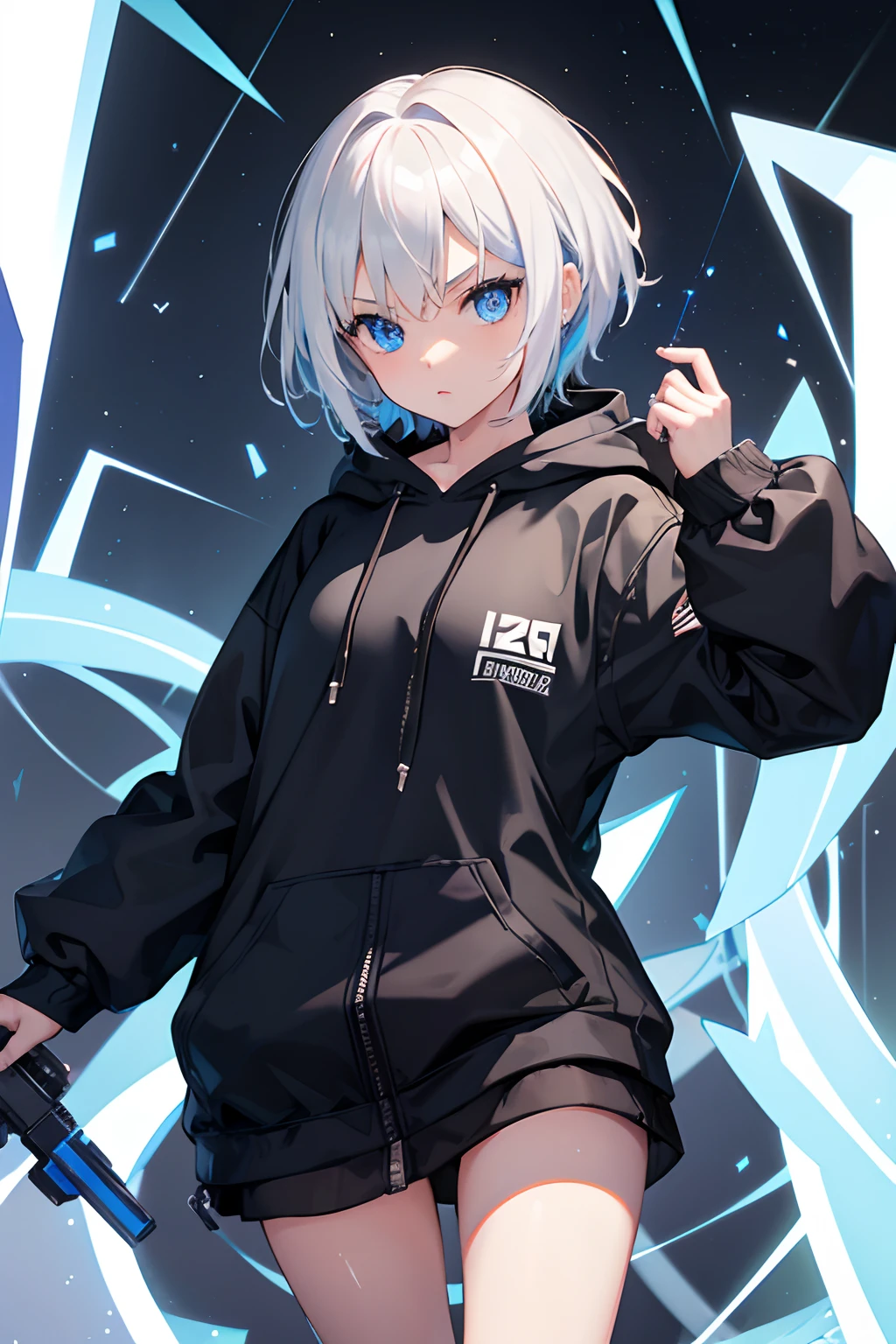 1girl, hoodie techwear, blue eyes, white hair, ultrasharp, short hair, 8k, looking at viewer, mean stare