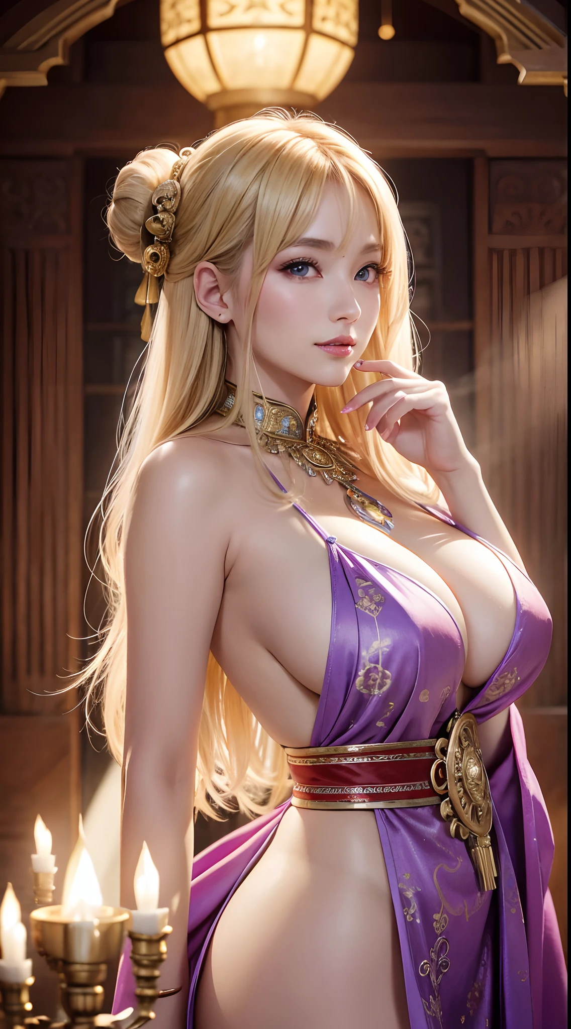 (hyper realstic)、Ancient priestess、Ancient female shamans、
immensity　Beautie　high-level image quality　hight resolution　Realistic　Shorthair　a blond、　blond woman in a、A MILF、Middle-aged woman、((Big big))、detailed skin textures、超A high resolution、Realistic、Voluptuous body shape、A smile、Middle-aged beauty、Beautiful expression 、Detailed purple eyes、blond、long fluffy hair、Kamimei、Very delicate and detailed skin texture、３５Female Shaman、{(Ancient ornate and luxurious temples)、(A lot of torches are burning)}、Ancient priestess、Large cleavage、big butts、bright red lips、(Colorful and glamorous clothes and luxurious accessories)、I have an ornate platinum wand、