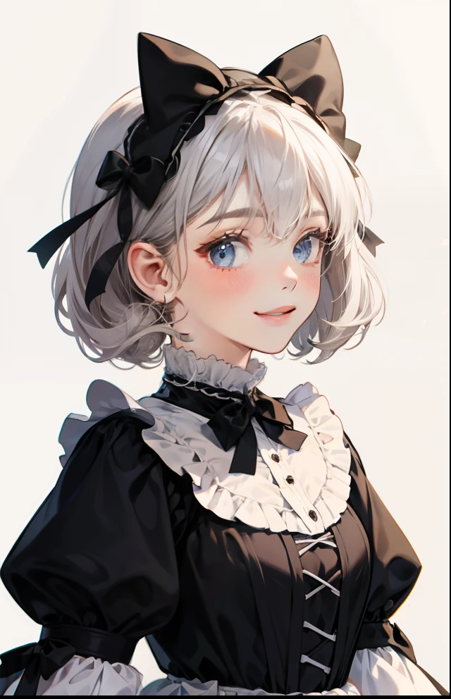 girl with、Background white、without background、Grey-white hair、Twin-tailed、Two knots、with blush cheeks、White and black Lolita fashion、frilld、bow ribbon、Smiling、kawaii、without background
