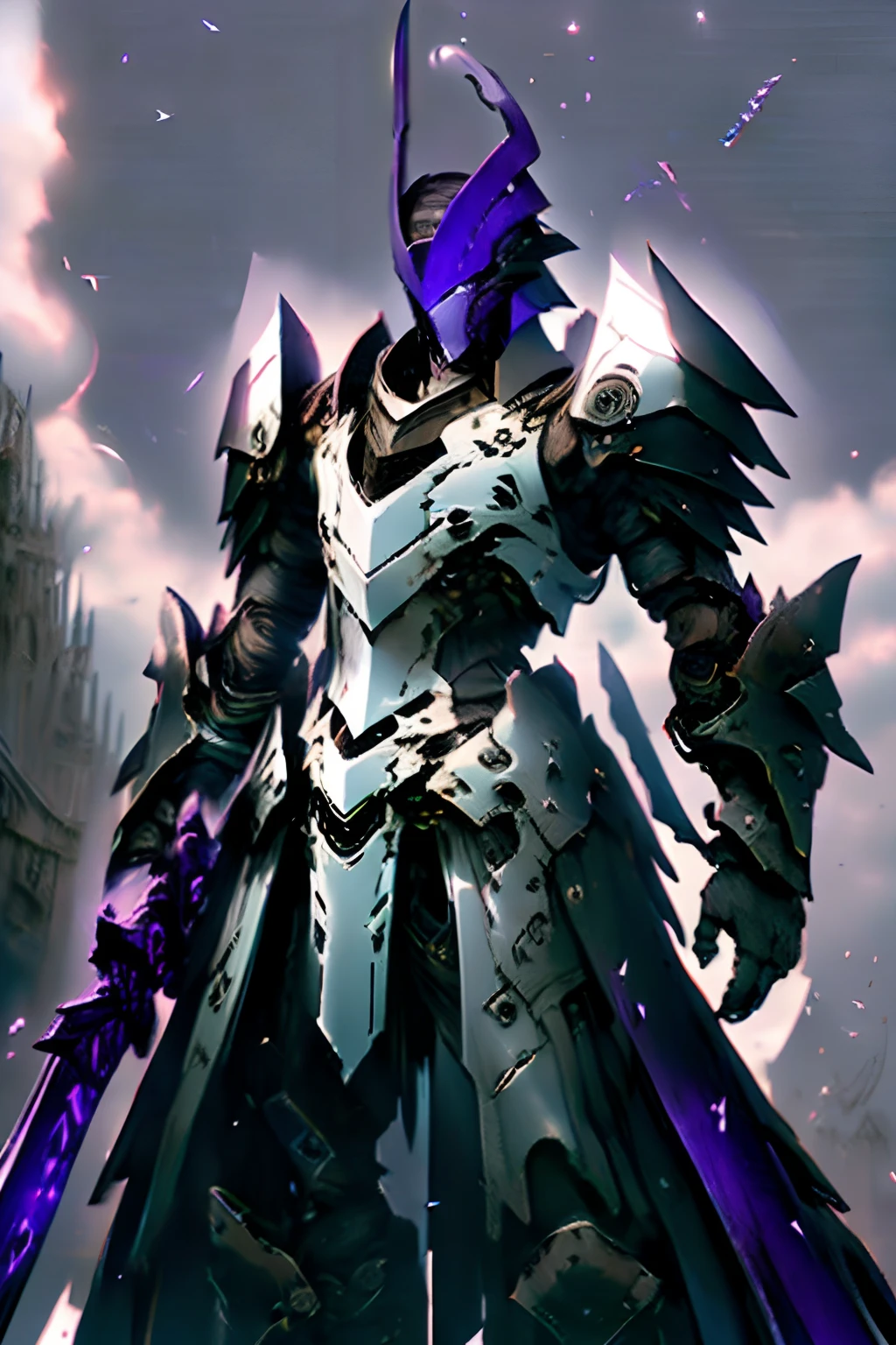 Enorme palacio imperial chino，Cuadrado ancho，la noche，La Luna、De pie, A handsome man in purple armor，Dark purple armor，Dragon Helmet，Espada negra en mano，Espada Negra