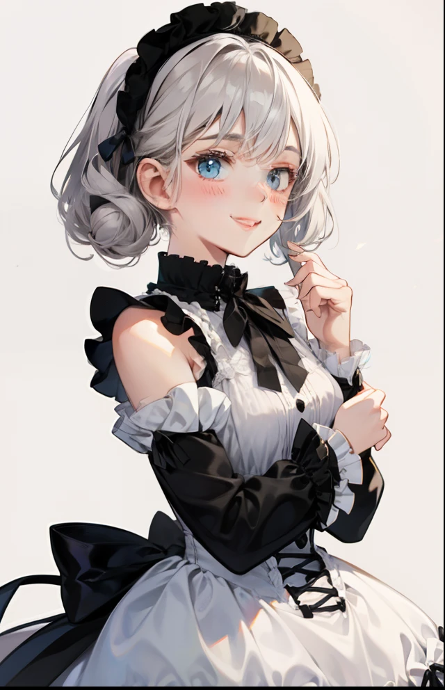 girl with、Background white、without background、Grey-white hair、Twin-tailed、Two knots、with blush cheeks、White and black ta fashion、frilld、bow ribbon、Smiling、kawaii、without background