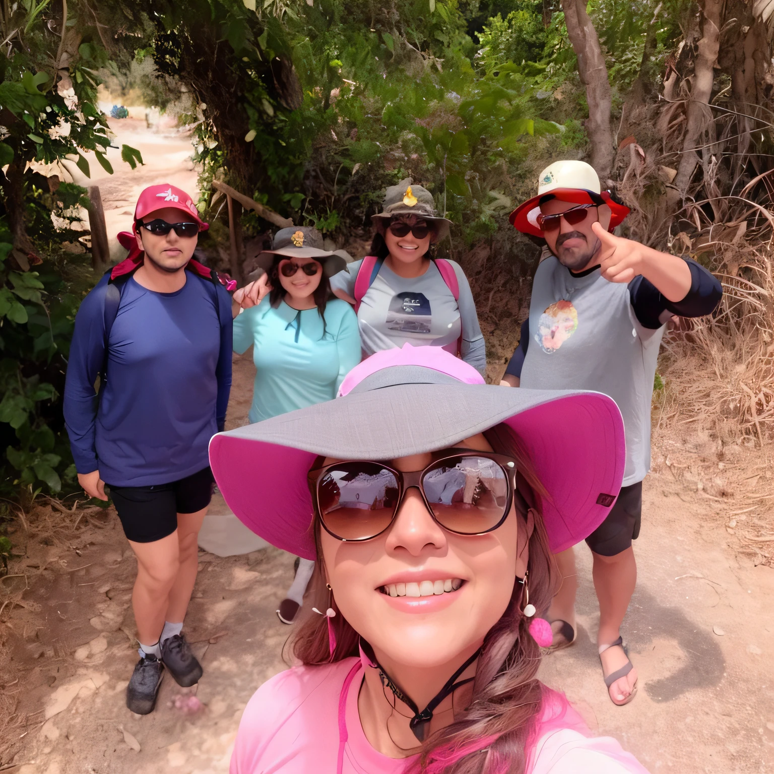 There's a group of people who are together on a trail, foto de grupo, roupas de caminhada, wearing a travel hat, em jardins de maconha, usando equipamento de aventura, wearing sunglasses and a hat, imagem de perfil, com muitos viajantes, na floresta da selva !!!, festa de aventura, ambulante, sombrio, wearing sunglasses and a cap, Feliz!!!, vacation photo