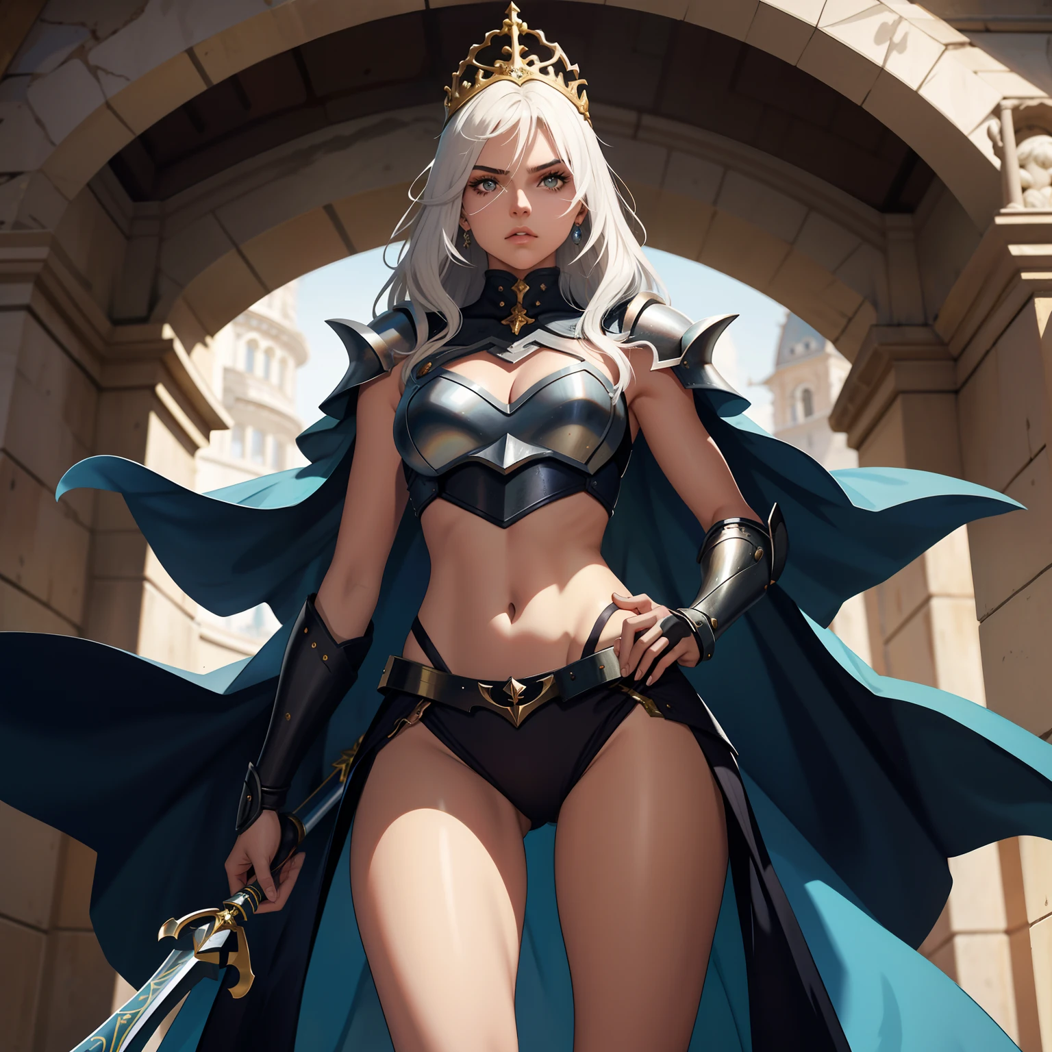 Mulher jovem de 20 anos, cabelos pretos, olhos vermelhos detalhados, princesa guerreira, Serious and attractive look, armadura justa ao corpo, corpo perfeito, Battle position, Grandeur, Standing character, Full character view, melhor qualidade, obra prima