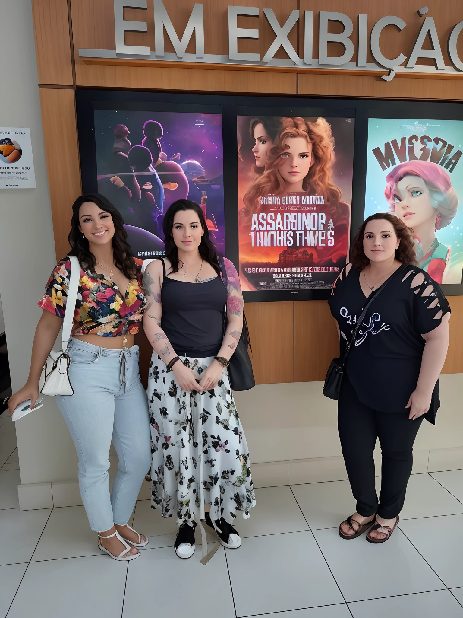 Three beautiful white women in front of a movie poster in a lobby, Imagem absolutamente excepcional, obra-prima vencedora do concurso, alta qualidade, melhor qualidade, desenho animado da disney/pixar