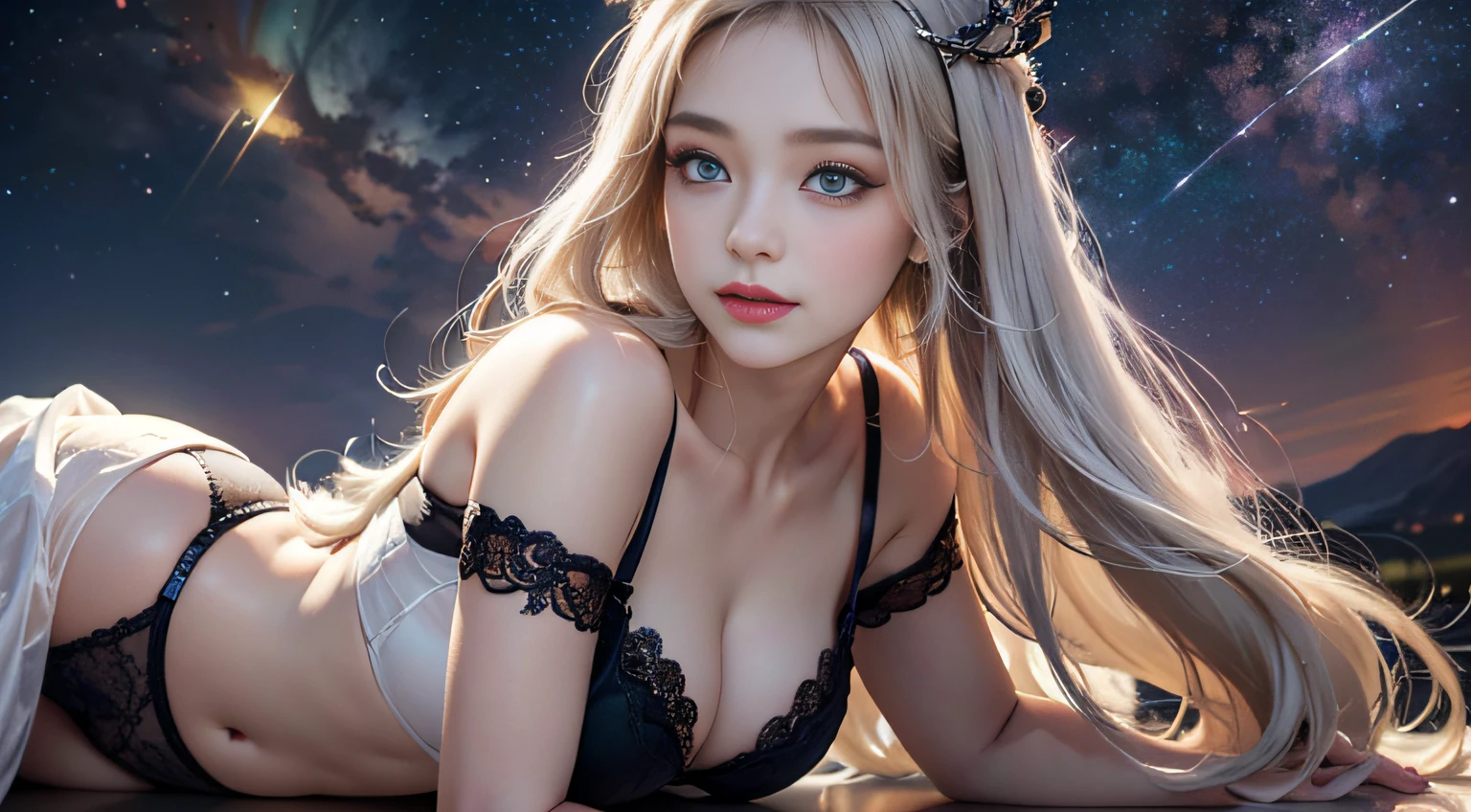 1 girl, Blonde gray hair, Straight hair, Spread hair, Long hair, PUPILS SPARKLING, long eyelashes, Blue eyes, makeup, Smile, Color Field Painting, Contemporary art, Northern Renaissance, Blurred, blending, From below, From Side, the panorama, ultra wide-angle, Wide Angle, F/1.8, 135 mm, canon, nffsw, retinas, masutepiece, Elaborate, Anatomically correct, Skin Texture, Super Detail, high detailing, High quality, hight resolution, 1080p, hard disk, 4K, 8K, of the highest quality, (Translucent off-the-shoulder immaculate white dress), (Beautiful woman lying on a wide floor), Sexy Pose (Full of stars in the background, Milky Way Galaxy), (Full of stars in the background, Milky Way Galaxy),(Black lace panties)