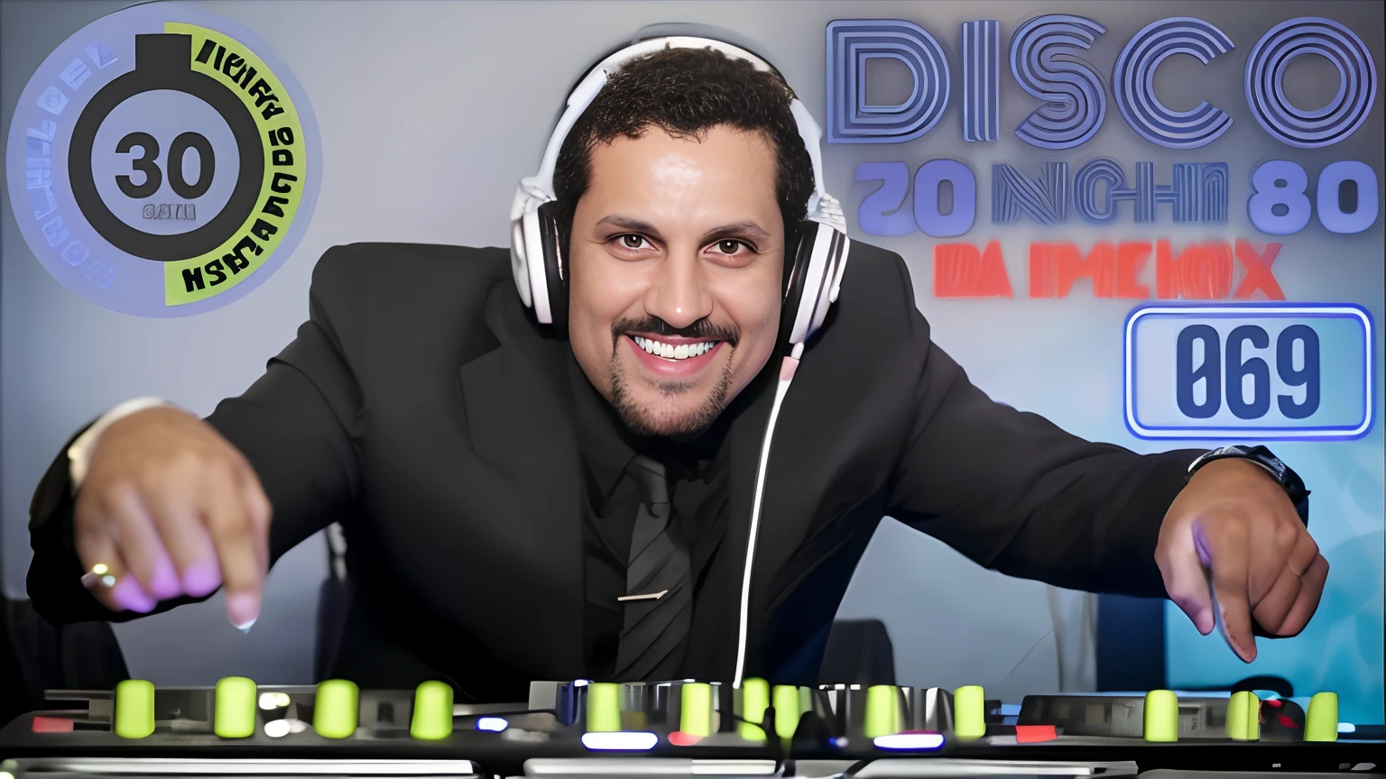 Arafed man in a suit and headphones mixing music in a mixer, DJING com toca-discos DJ, DJ, sorriso disco, DJ em uma festa, Conjunto de DJ, festa da discoteca, Disco Broadcast, DJ Sura, dissipar!!, taken in the early 2020s, Retrato de Lucha Libre DJ, durante a noite, Disco de pictoplasma