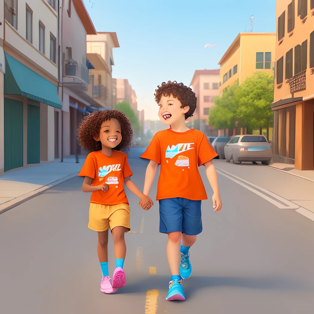 Darona Perry black  girl and boy( or just girl-boy) age fibrown curly hair orange t-shirt blue shorts white Nike shoes laughing holding a colorful elephant in the street with large colorful puzzle pieces in 3D realistic cartoon