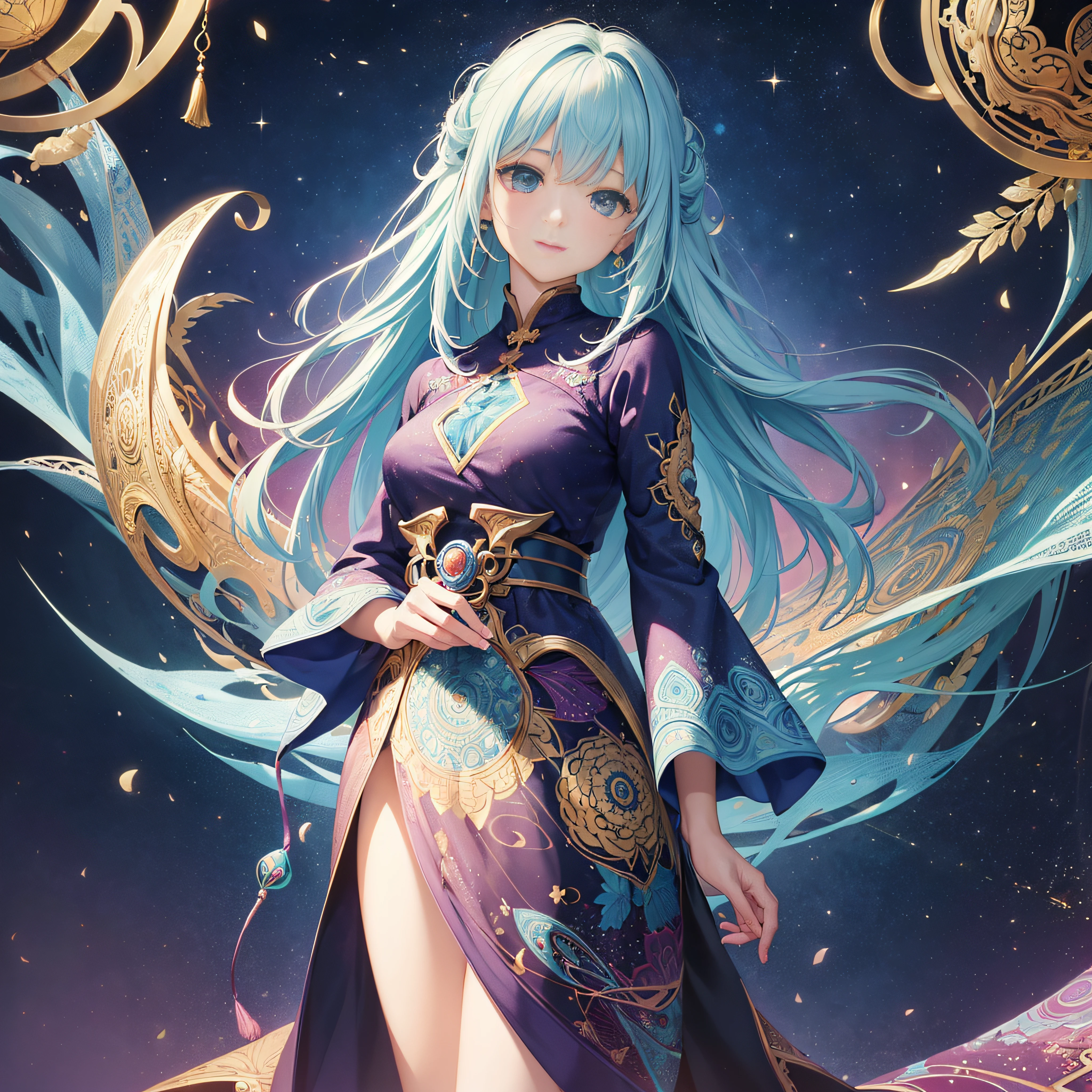 (masterpiece、top-quality、top-quality、Official art、Beautifully Aesthetic:1.2)、(1girl in:1.3)、ighly detailed、(Fractal Art:1.2)、colourfull、highestdetailed、(Zentangle:1.2)、(Dynamic Pause) 、(Abstract background:1.5)、(Traditional dress:1.2)、(shinny skin)、(Many colors:1.4)、