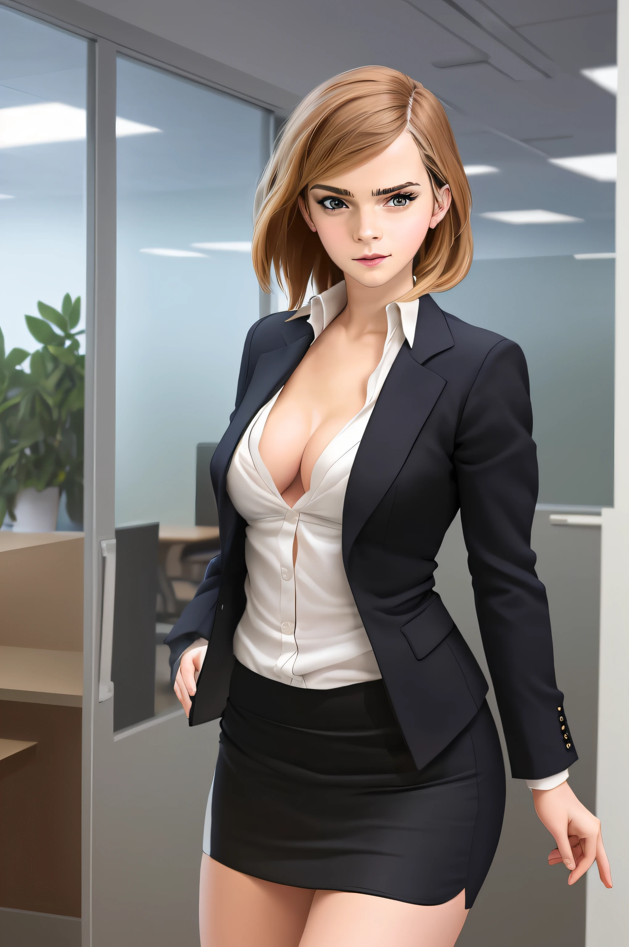 Emma Watson, masterpiece quality, realistic, lots of detail, in modern office, wearing business suit, very short skirt, lots of cleavage, thin body, small breasts, (big breasts:1.5),