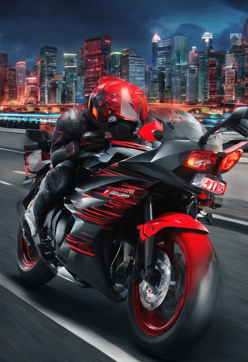 Detail red Kawasaki Ninja 400,(Best quality, 8K, Masterpiece :1.2), Ultra photo realsisim, onthe mountain, Speeding on highways, (Facing the audience), Blue skyscraper in background, At night,